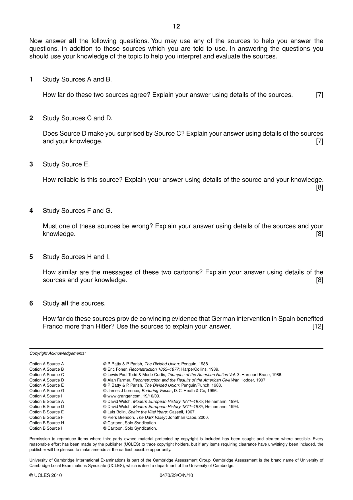 Cambridge IGCSE History 0470 2010 Oct/Nov Paper 2 · Variant 3 question paper, page 12 of 12
