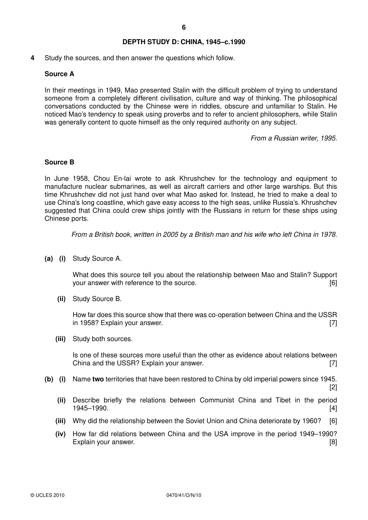 Cambridge IGCSE History 0470 2010 Oct/Nov Paper 4 · Variant 1 question paper, page 6 of 16