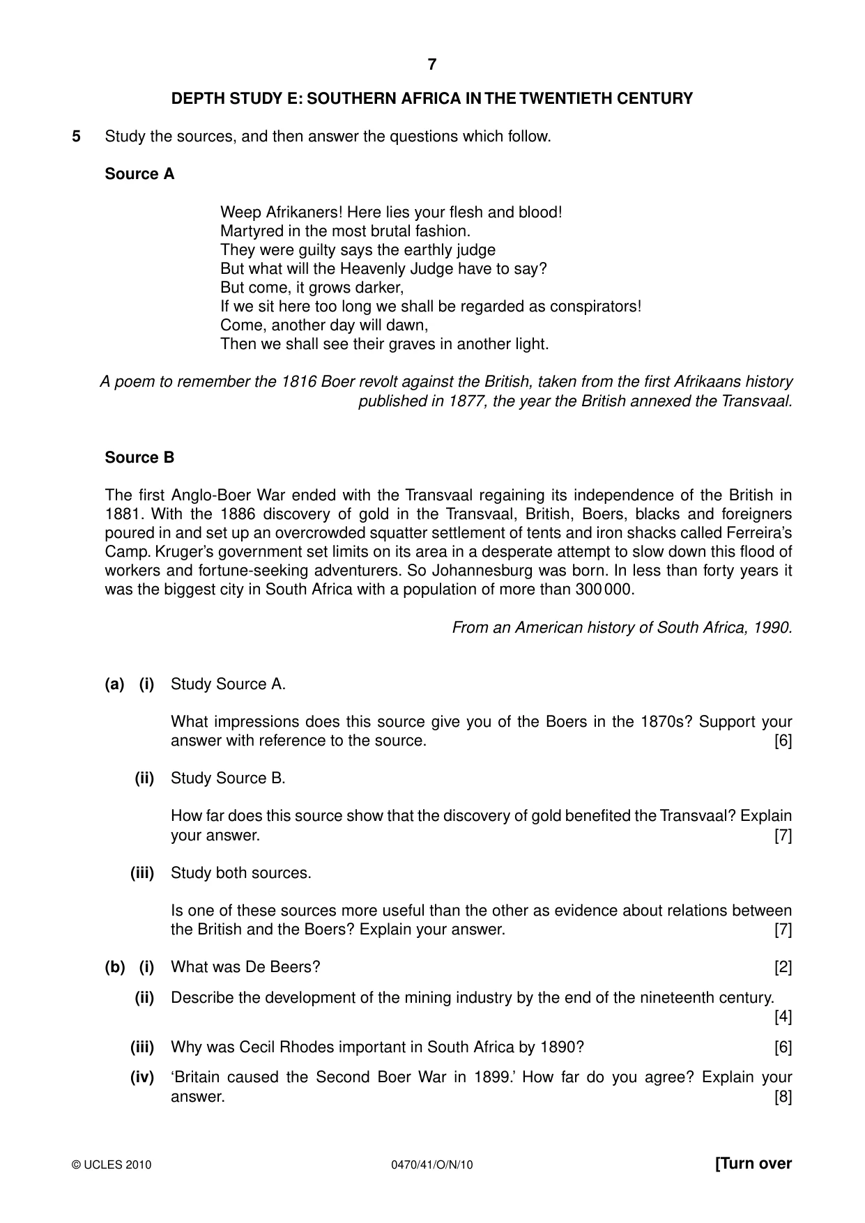 Cambridge IGCSE History 0470 2010 Oct/Nov Paper 4 · Variant 1 question paper, page 7 of 16