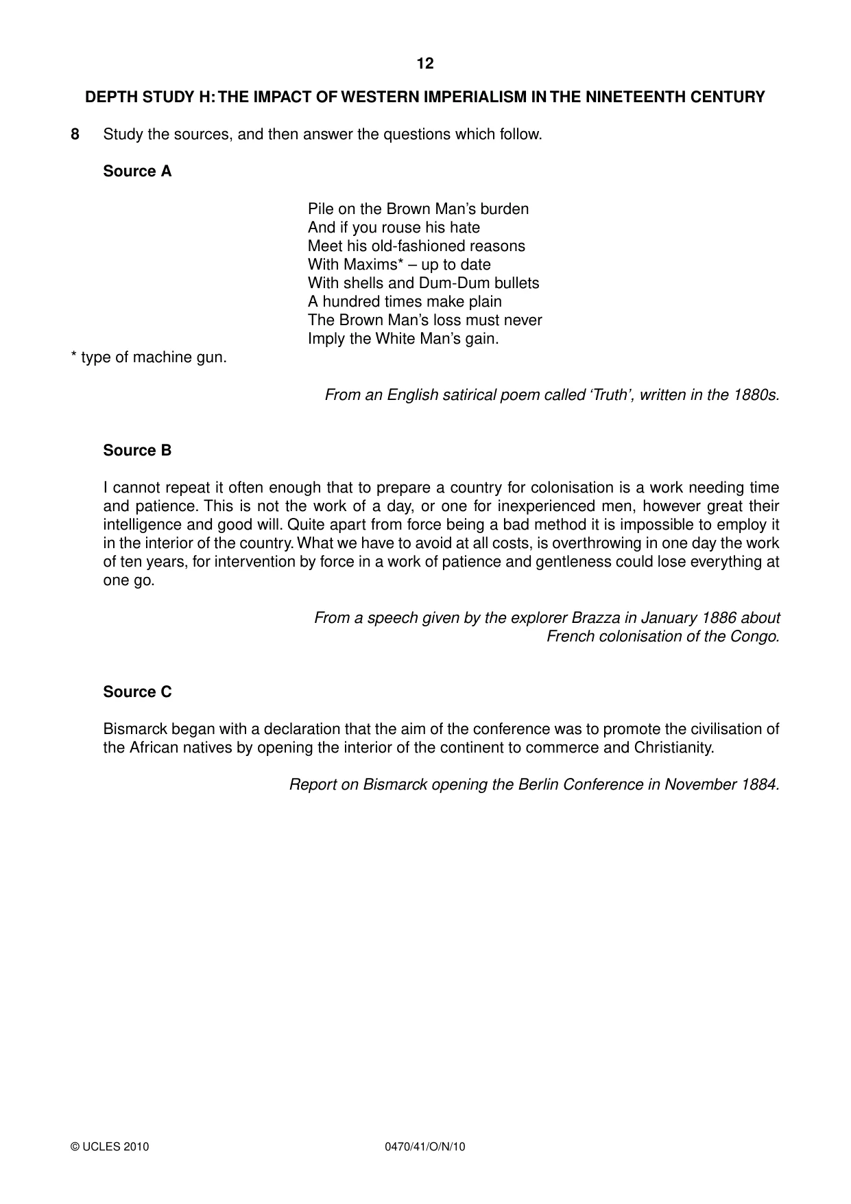 Cambridge IGCSE History 0470 2010 Oct/Nov Paper 4 · Variant 1 question paper, page 12 of 16