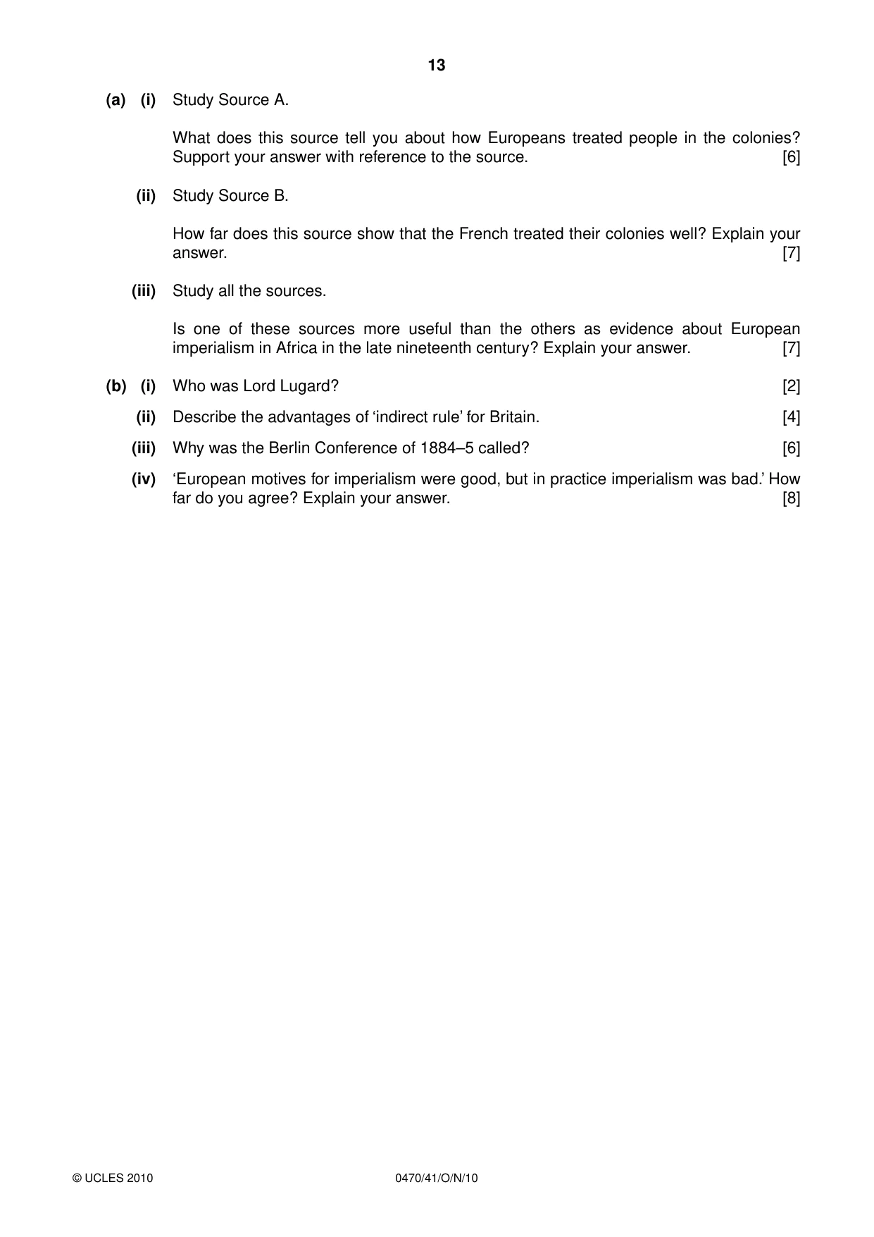 Cambridge IGCSE History 0470 2010 Oct/Nov Paper 4 · Variant 1 question paper, page 13 of 16