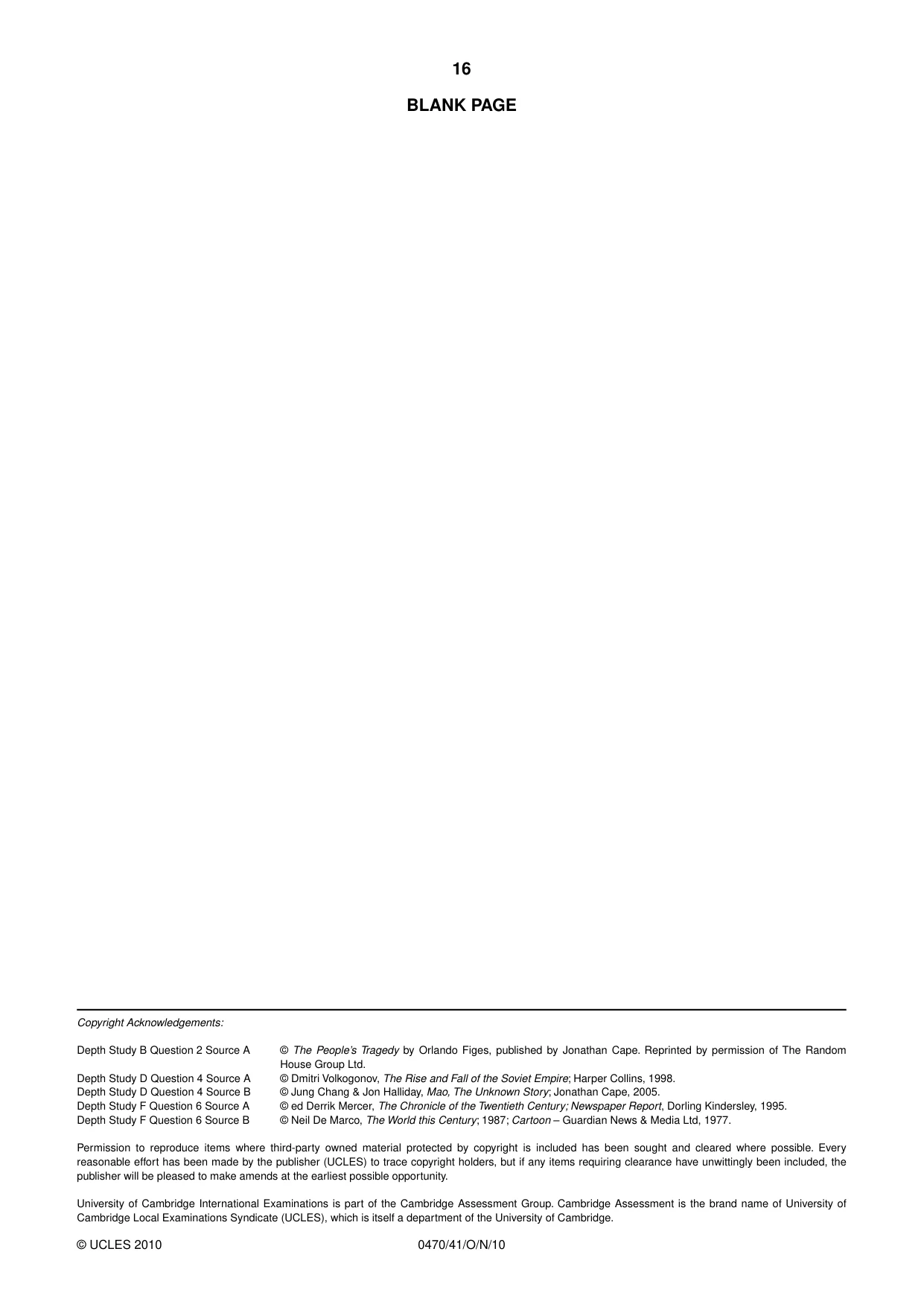 Cambridge IGCSE History 0470 2010 Oct/Nov Paper 4 · Variant 1 question paper, page 16 of 16