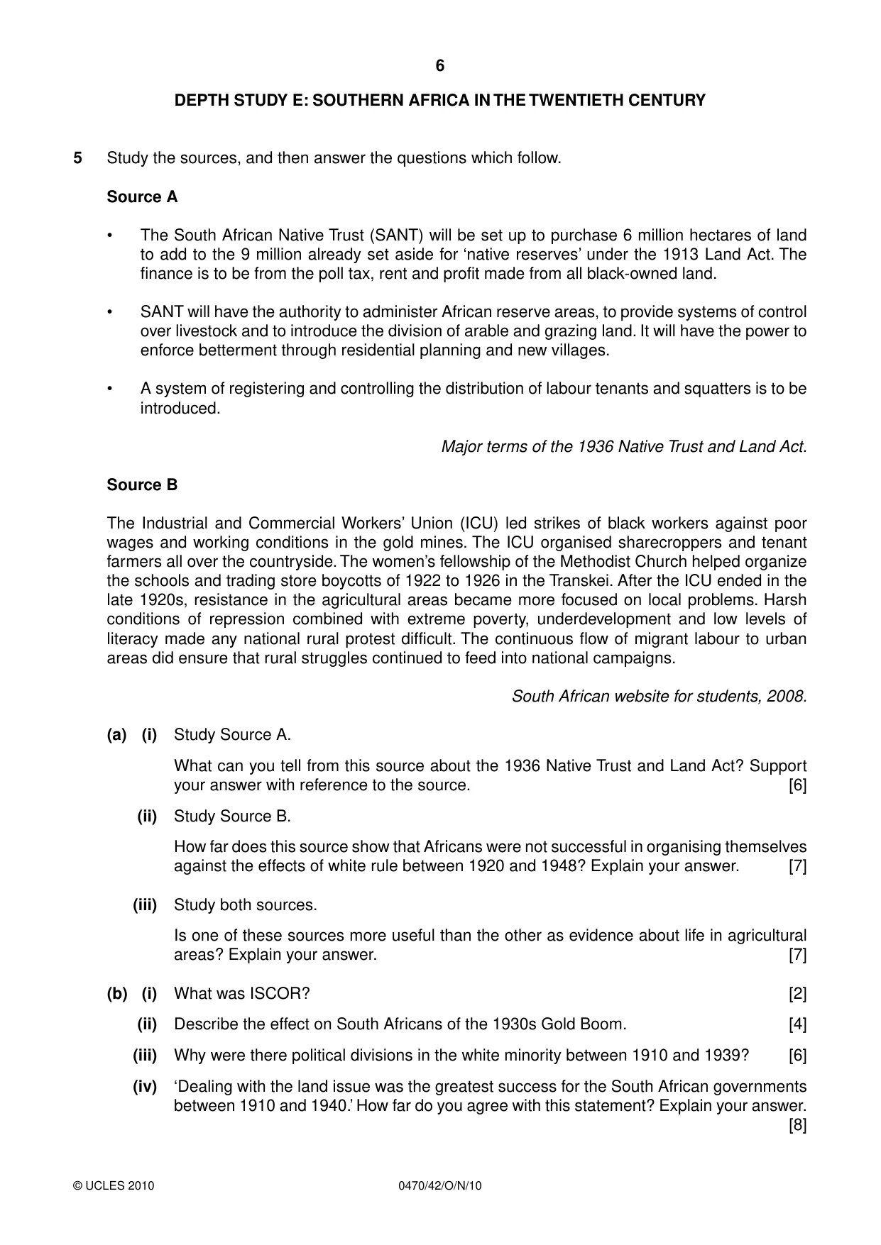 Cambridge IGCSE History 0470 2010 Oct/Nov Paper 4 · Variant 2 question paper, page 6 of 12