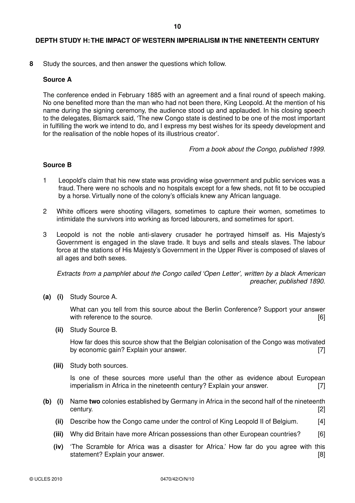 Cambridge IGCSE History 0470 2010 Oct/Nov Paper 4 · Variant 2 question paper, page 10 of 12