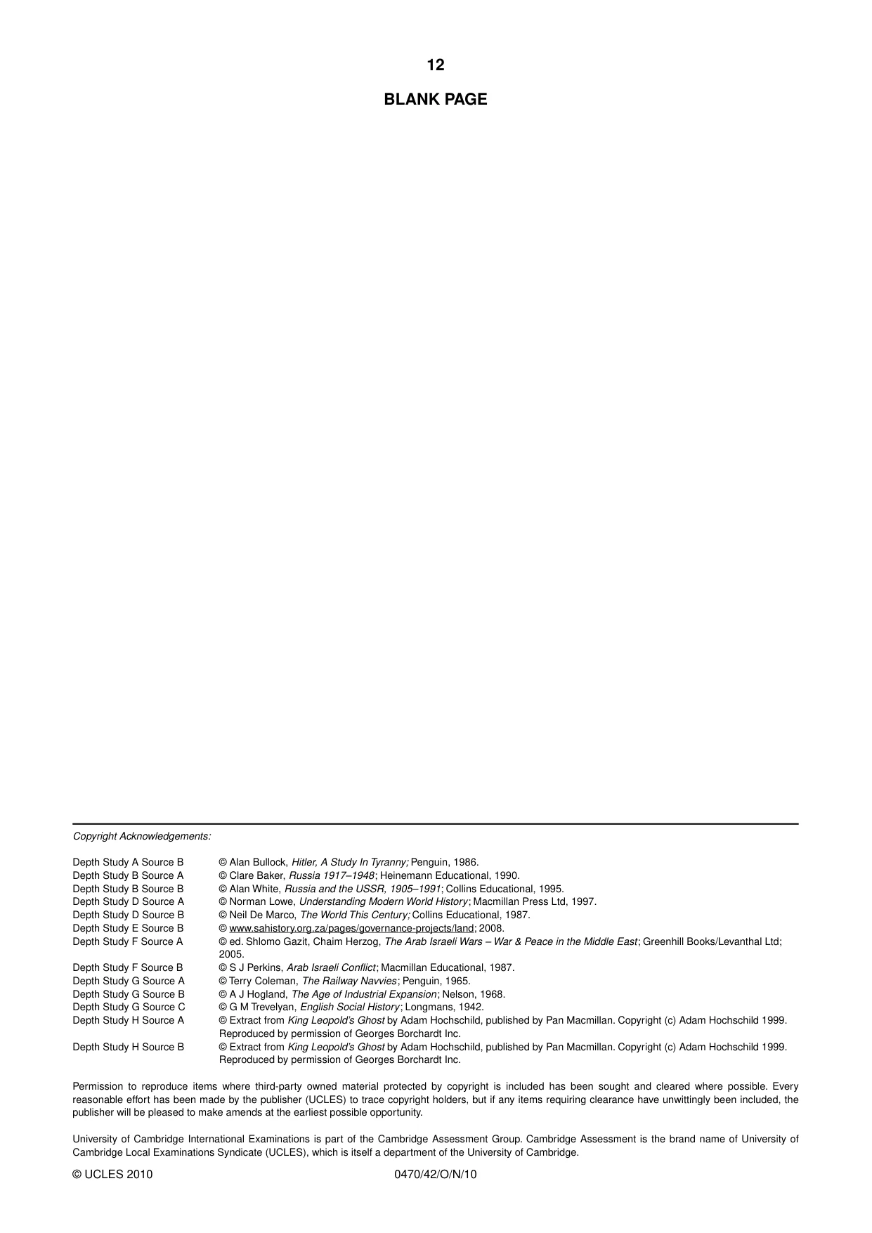 Cambridge IGCSE History 0470 2010 Oct/Nov Paper 4 · Variant 2 question paper, page 12 of 12