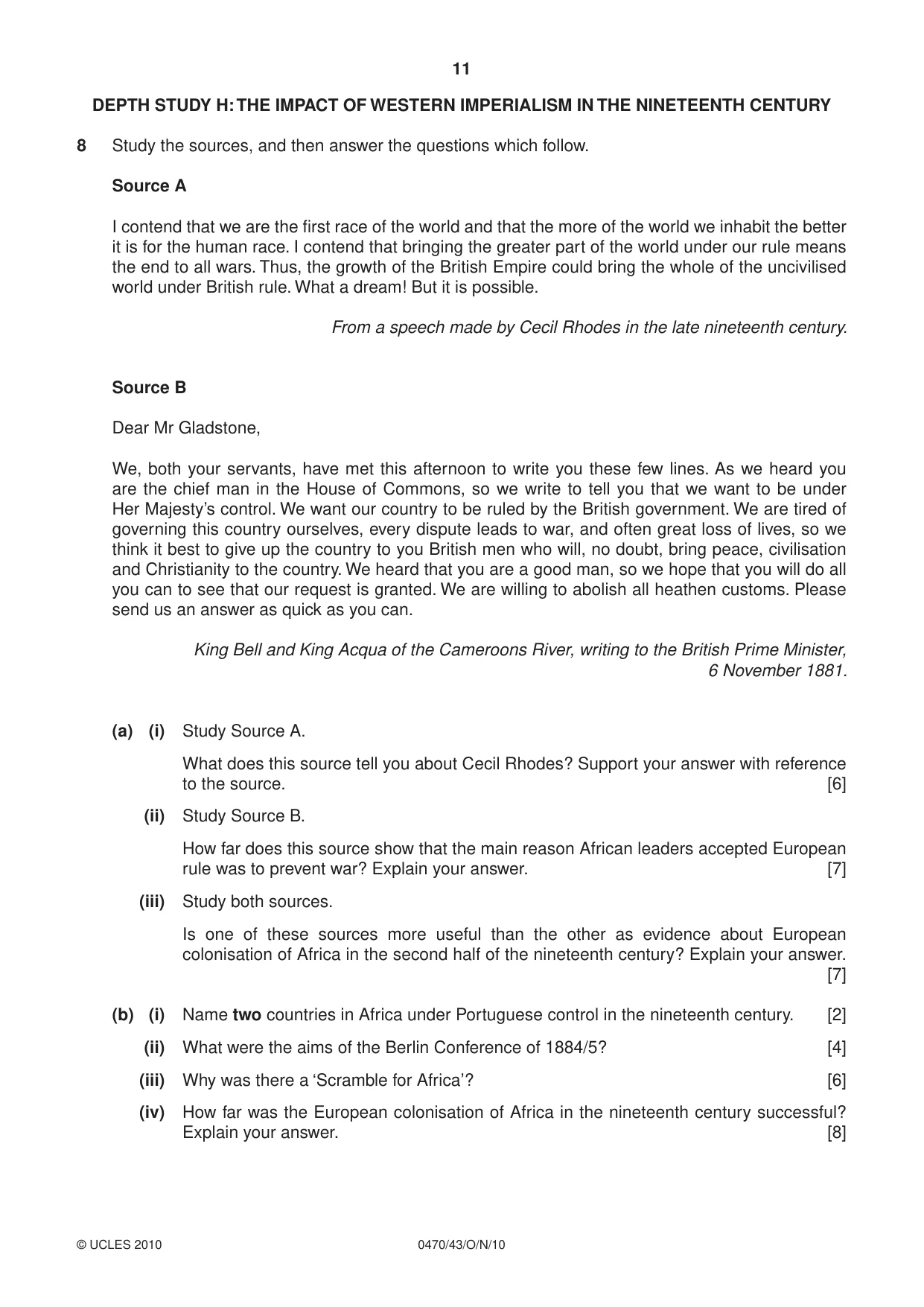 Cambridge IGCSE History 0470 2010 Oct/Nov Paper 4 · Variant 3 question paper, page 11 of 12