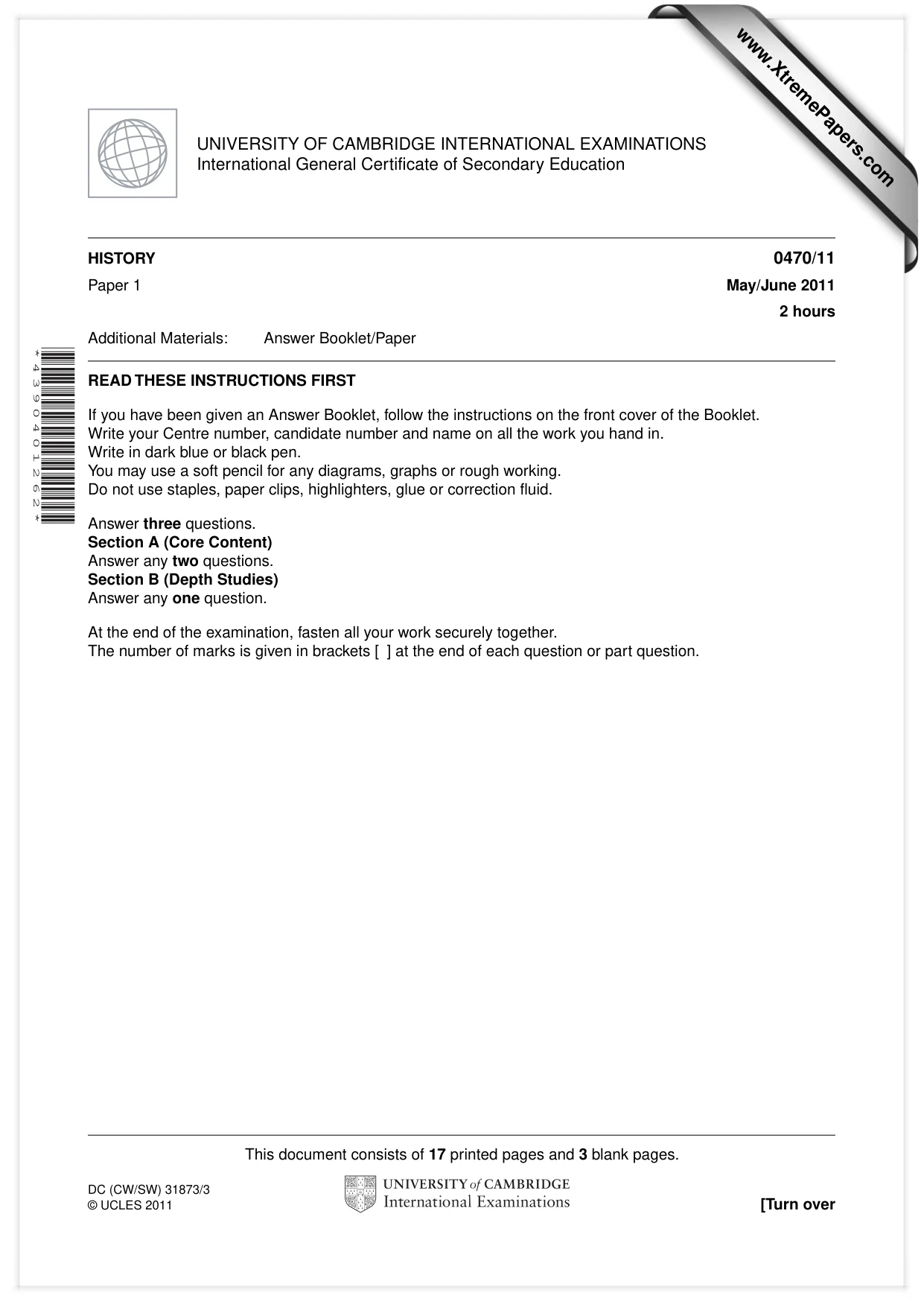 Cambridge IGCSE History 0470 2011 May/June Paper 1 · Variant 1 question paper, page 1 of 20