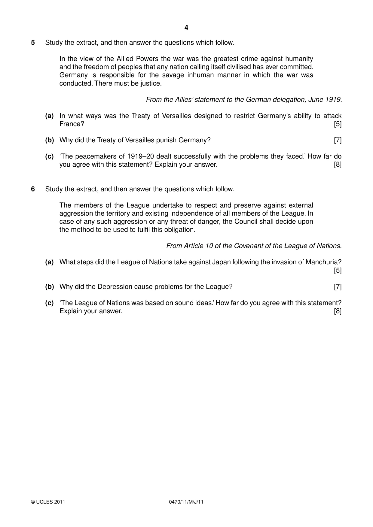 Cambridge IGCSE History 0470 2011 May/June Paper 1 · Variant 1 question paper, page 4 of 20