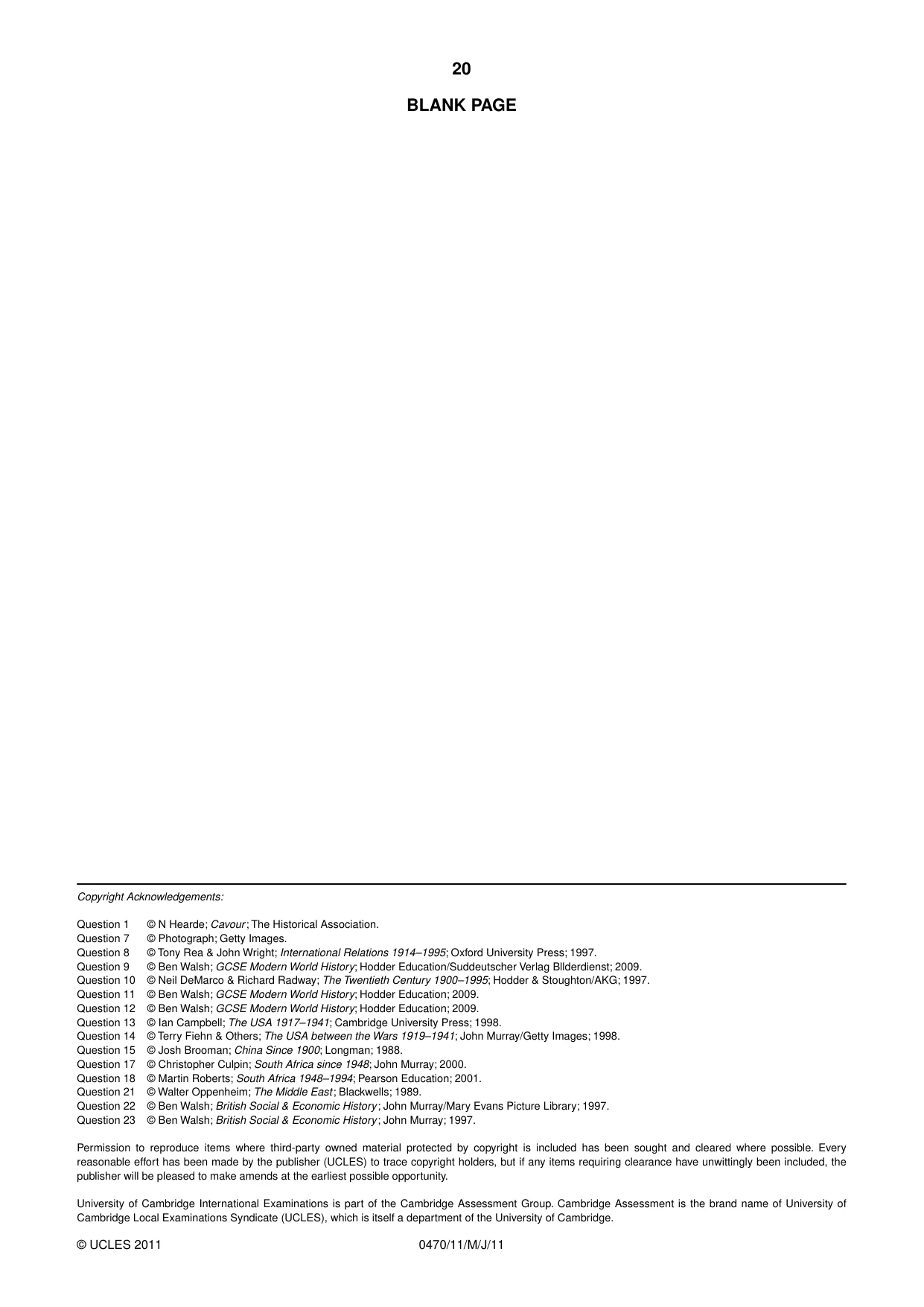 Cambridge IGCSE History 0470 2011 May/June Paper 1 · Variant 1 question paper, page 20 of 20