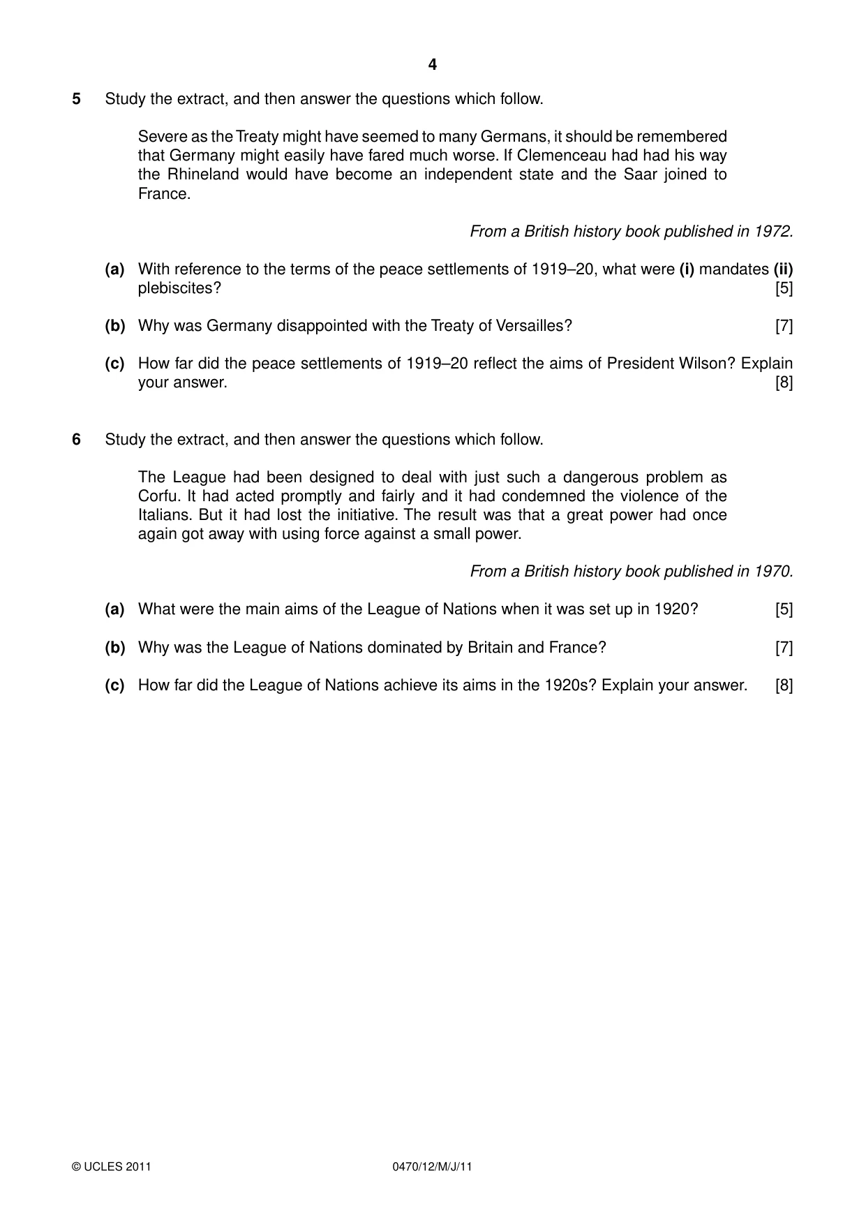 Cambridge IGCSE History 0470 2011 May/June Paper 1 · Variant 2 question paper, page 4 of 20