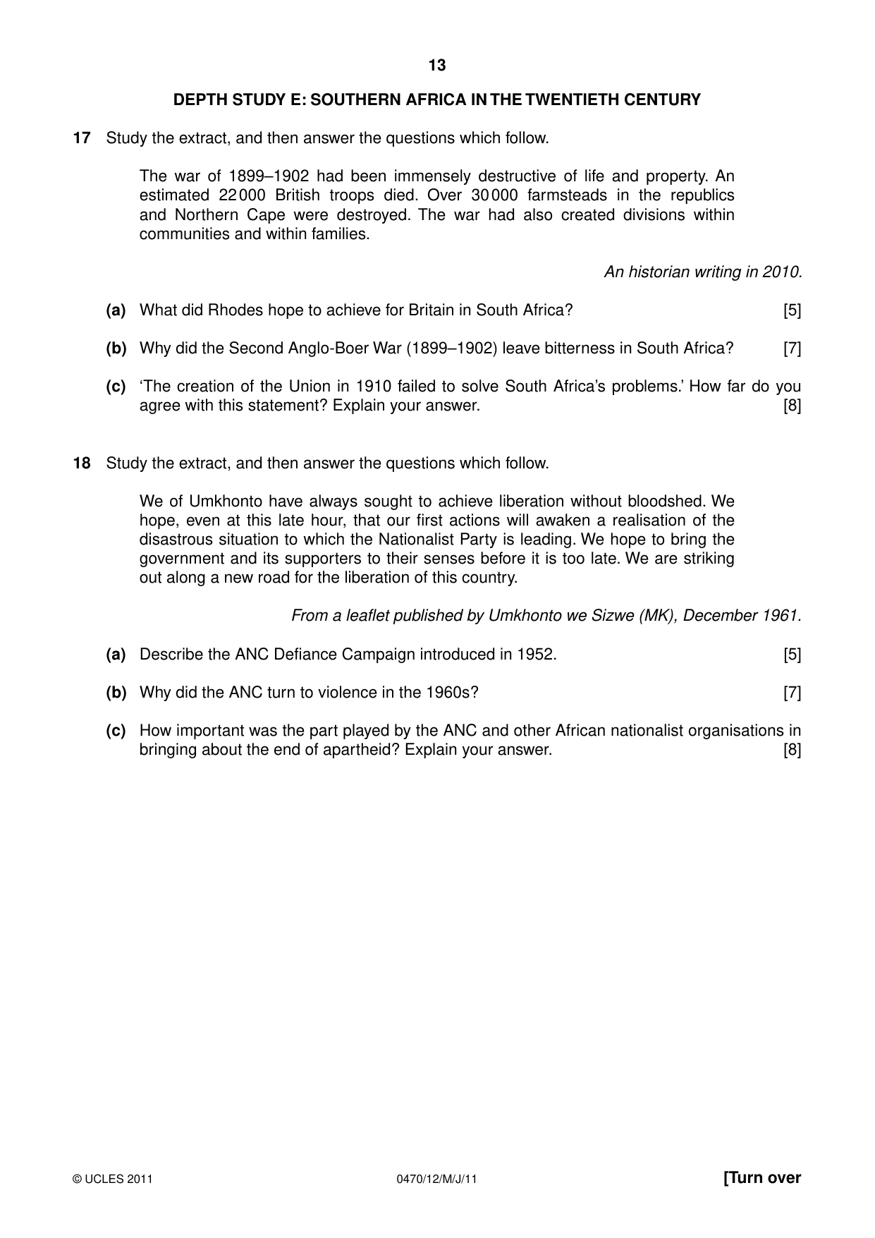 Cambridge IGCSE History 0470 2011 May/June Paper 1 · Variant 2 question paper, page 13 of 20