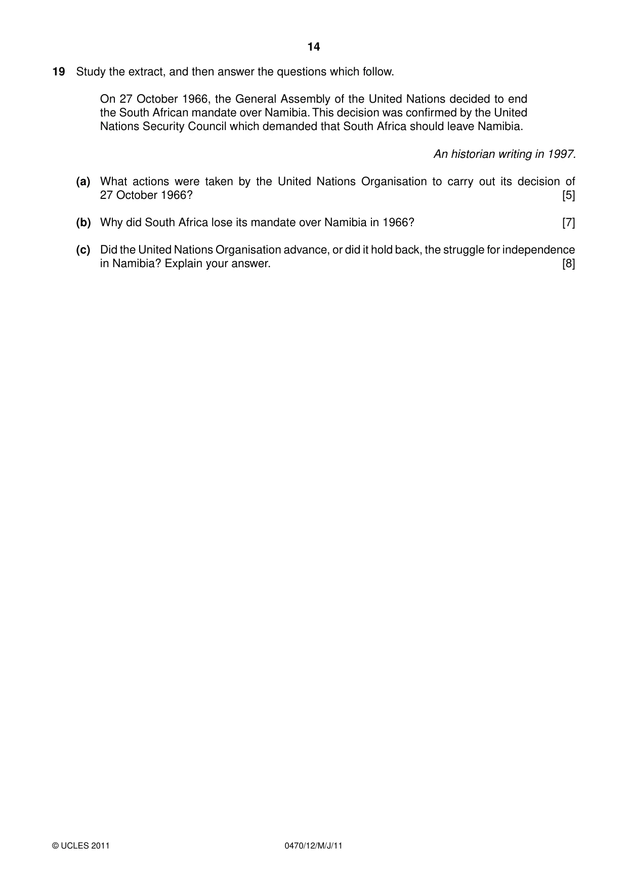 Cambridge IGCSE History 0470 2011 May/June Paper 1 · Variant 2 question paper, page 14 of 20
