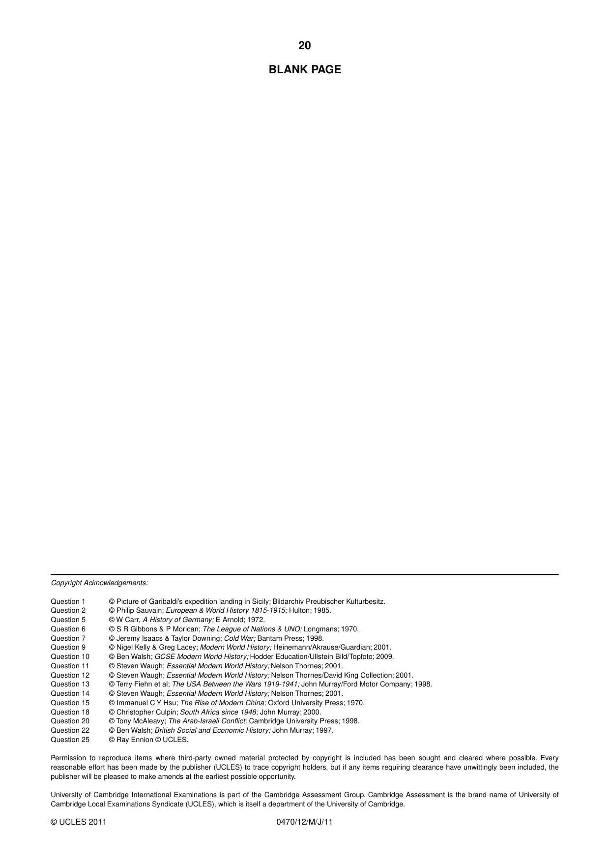 Cambridge IGCSE History 0470 2011 May/June Paper 1 · Variant 2 question paper, page 20 of 20