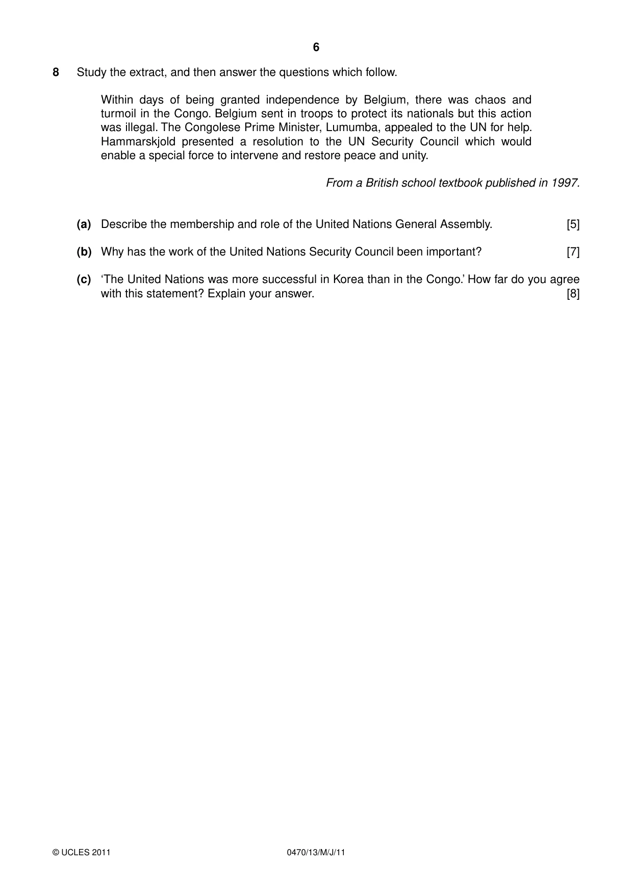 Cambridge IGCSE History 0470 2011 May/June Paper 1 · Variant 3 question paper, page 6 of 20