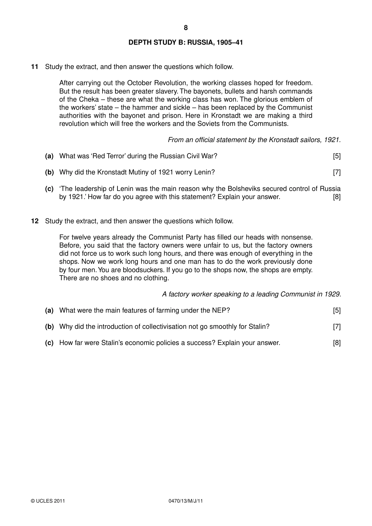 Cambridge IGCSE History 0470 2011 May/June Paper 1 · Variant 3 question paper, page 8 of 20