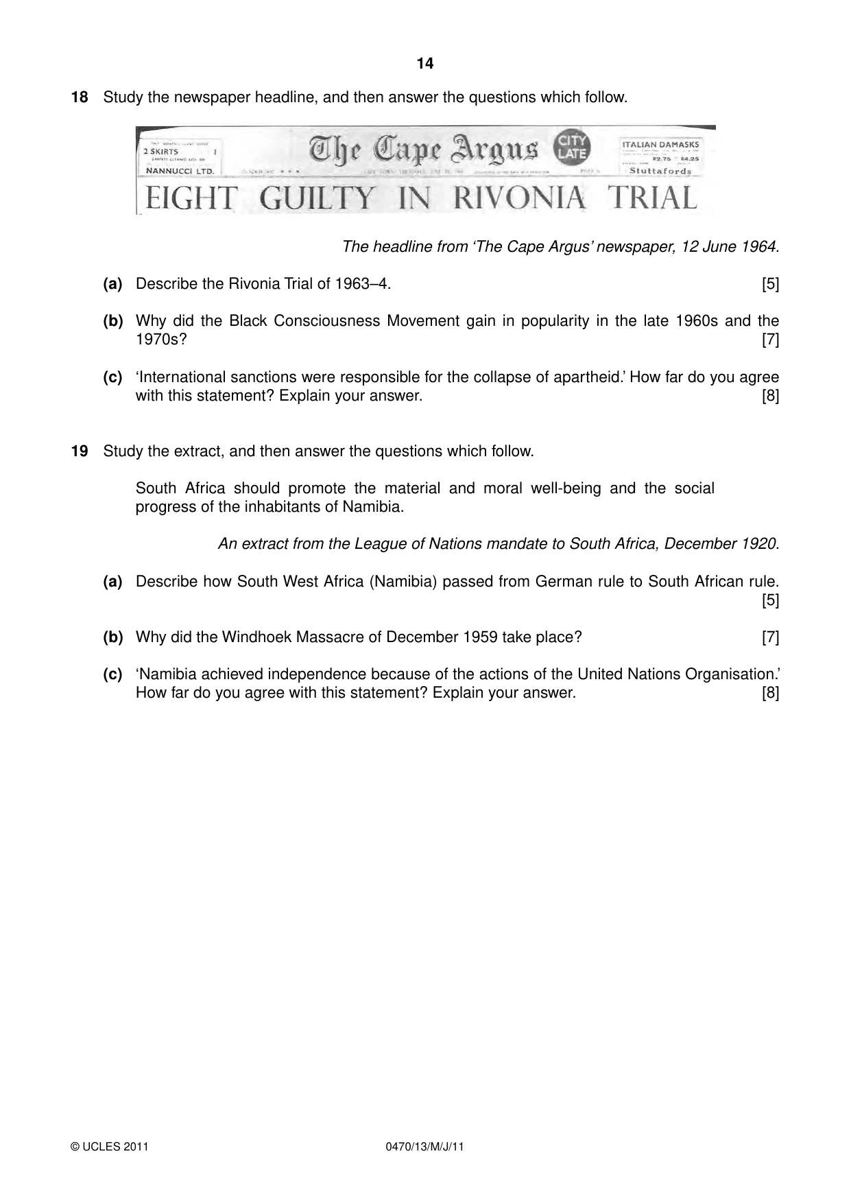 Cambridge IGCSE History 0470 2011 May/June Paper 1 · Variant 3 question paper, page 14 of 20