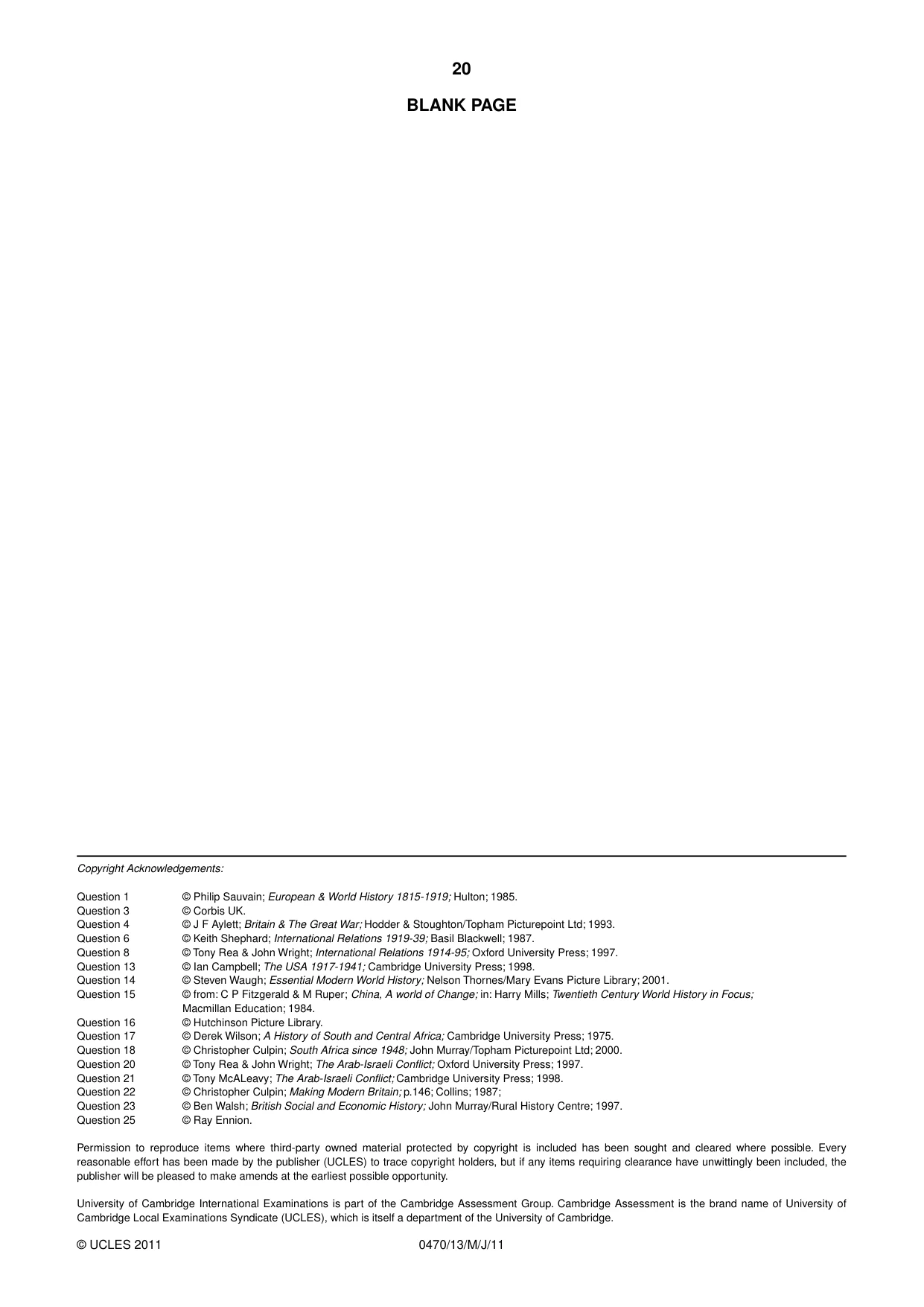 Cambridge IGCSE History 0470 2011 May/June Paper 1 · Variant 3 question paper, page 20 of 20