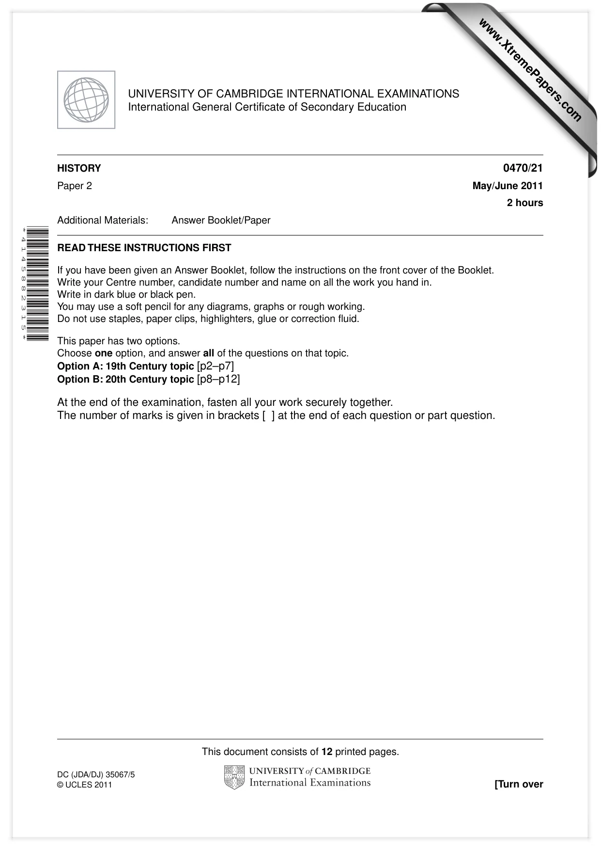Cambridge IGCSE History 0470 2011 May/June Paper 2 · Variant 1 question paper, page 1 of 12