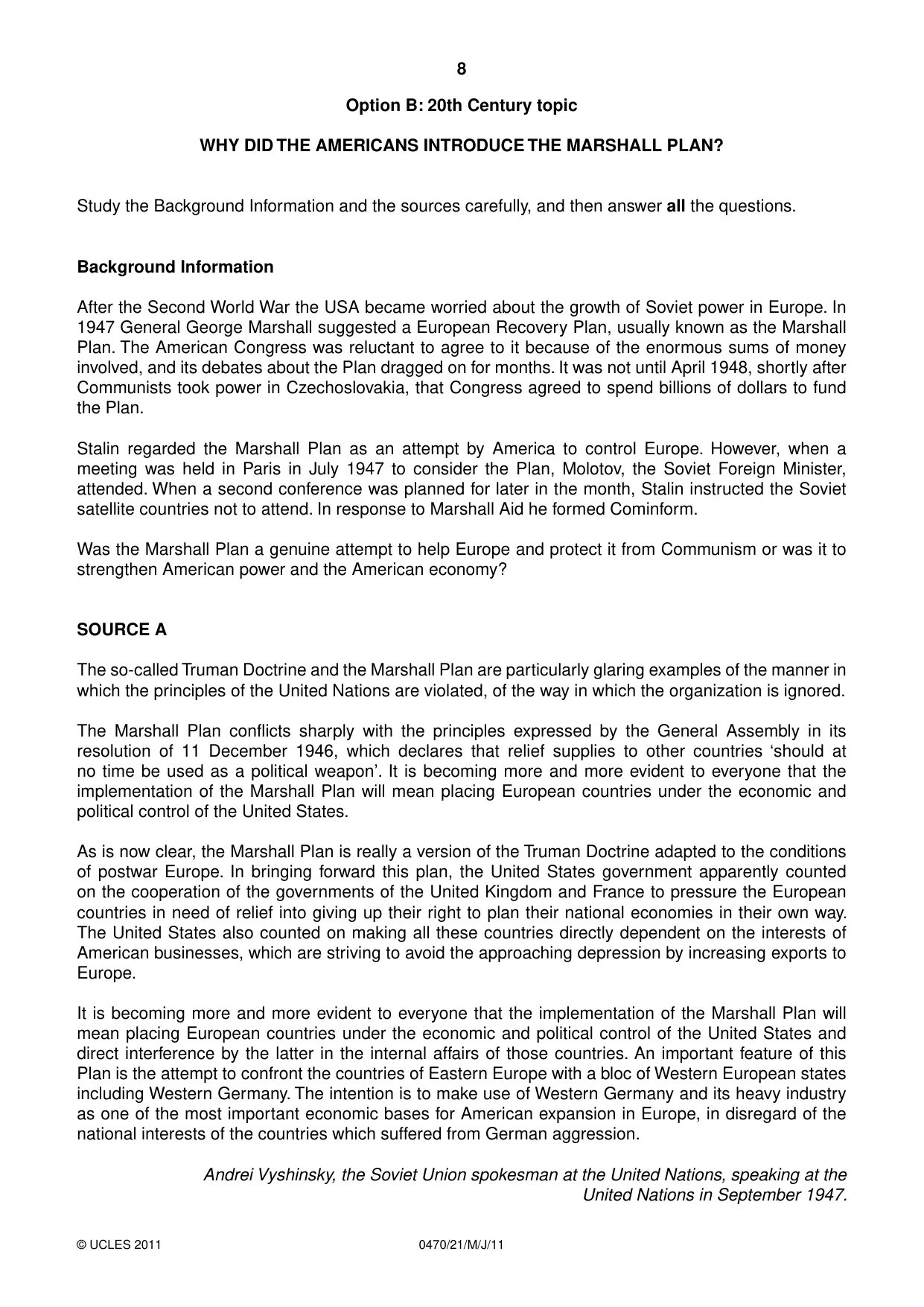 Cambridge IGCSE History 0470 2011 May/June Paper 2 · Variant 1 question paper, page 8 of 12