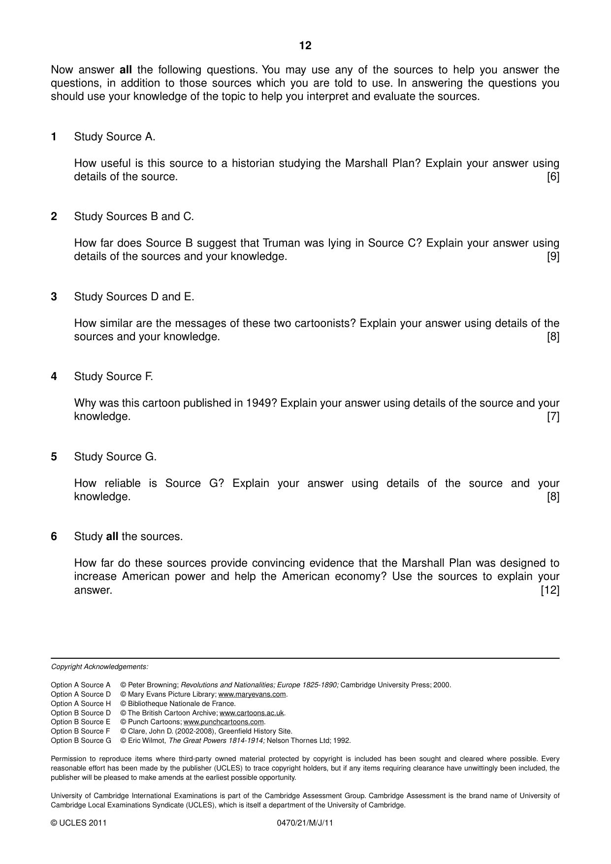 Cambridge IGCSE History 0470 2011 May/June Paper 2 · Variant 1 question paper, page 12 of 12