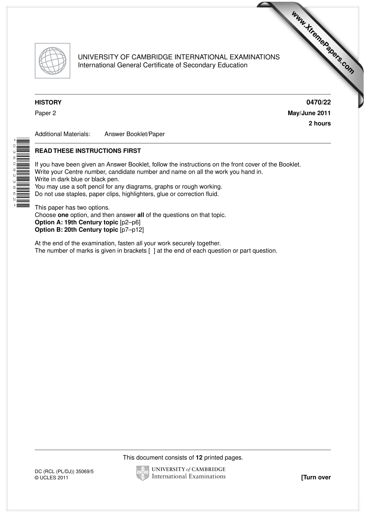 Cambridge IGCSE History 0470 2011 May/June Paper 2 · Variant 2 question paper, page 1 of 12