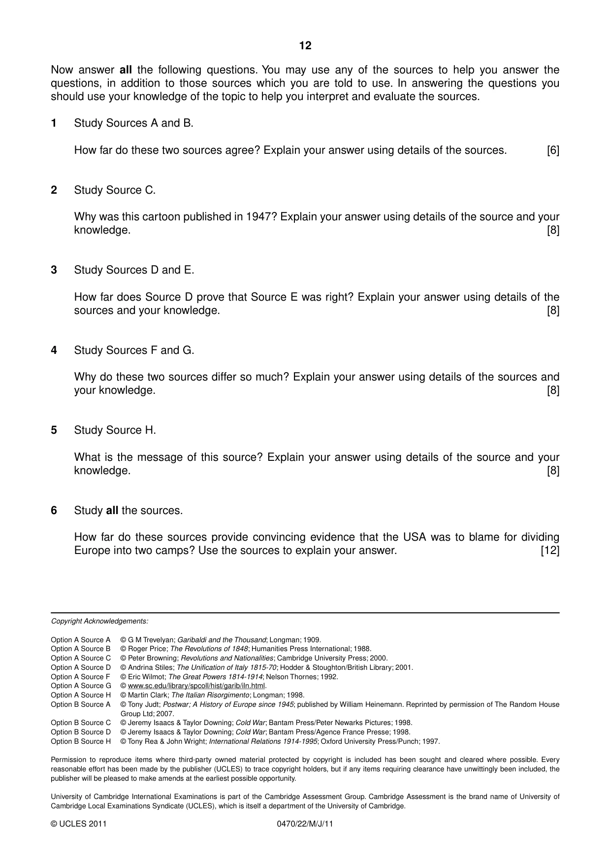 Cambridge IGCSE History 0470 2011 May/June Paper 2 · Variant 2 question paper, page 12 of 12