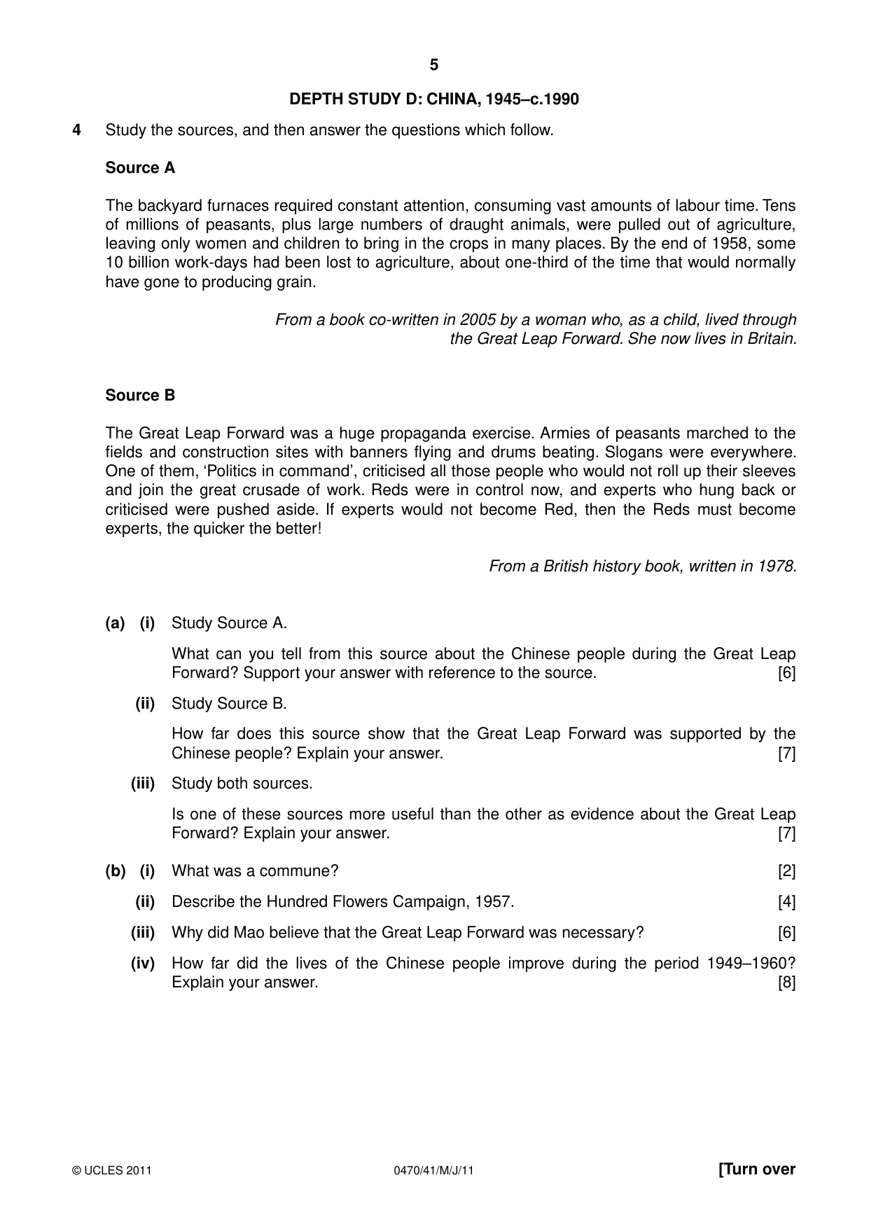 Cambridge IGCSE History 0470 2011 May/June Paper 4 · Variant 1 question paper, page 5 of 12