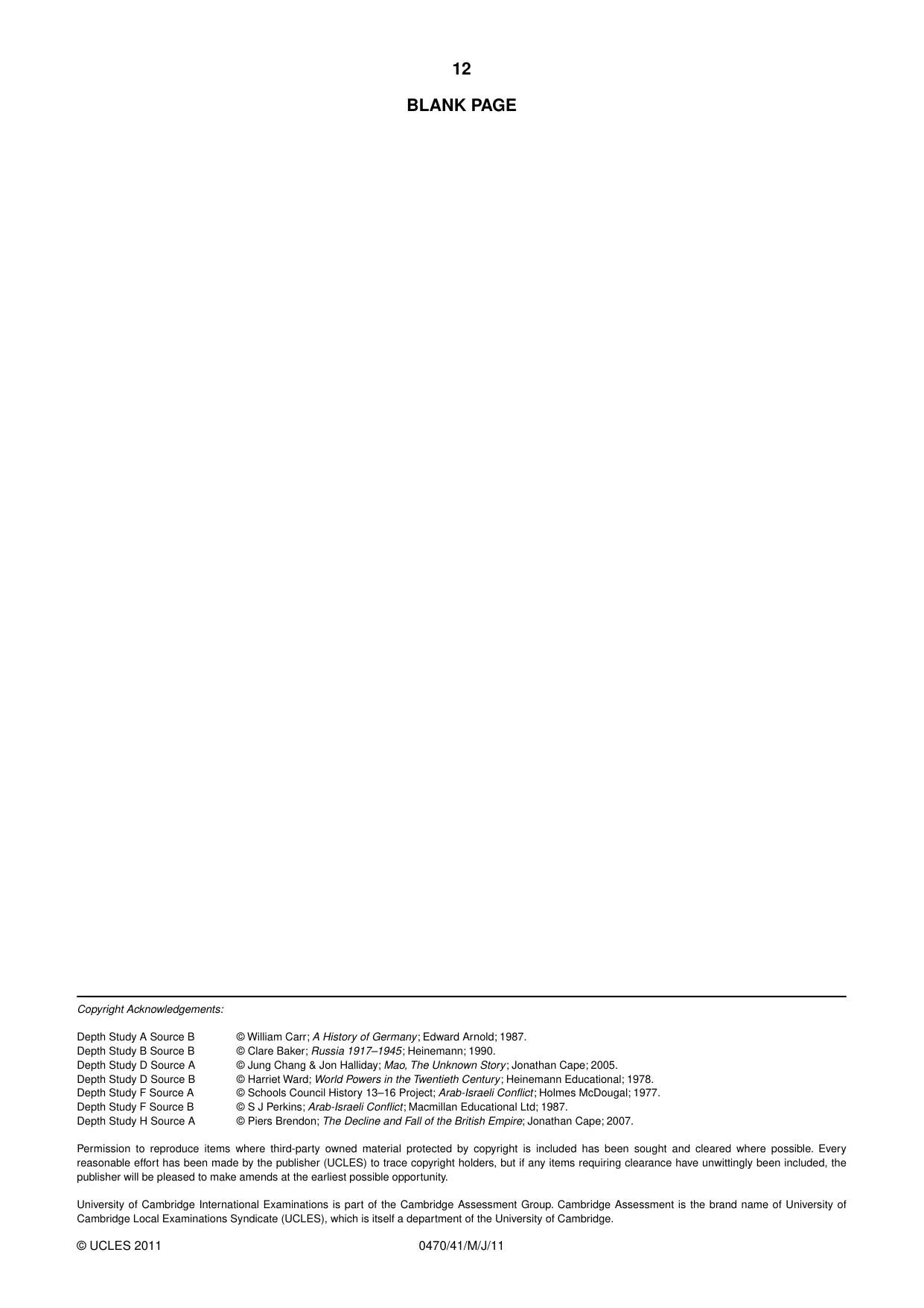Cambridge IGCSE History 0470 2011 May/June Paper 4 · Variant 1 question paper, page 12 of 12