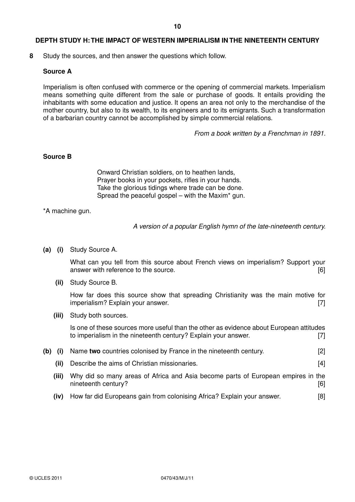 Cambridge IGCSE History 0470 2011 May/June Paper 4 · Variant 3 question paper, page 10 of 12