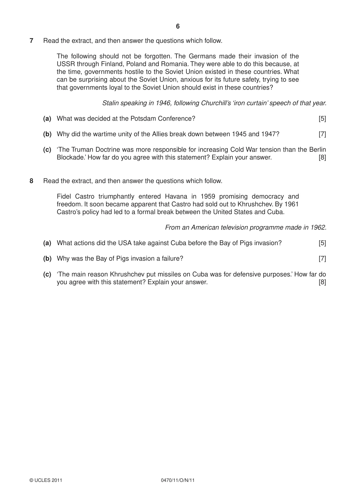 Cambridge IGCSE History 0470 2011 Oct/Nov Paper 1 · Variant 1 question paper, page 6 of 20