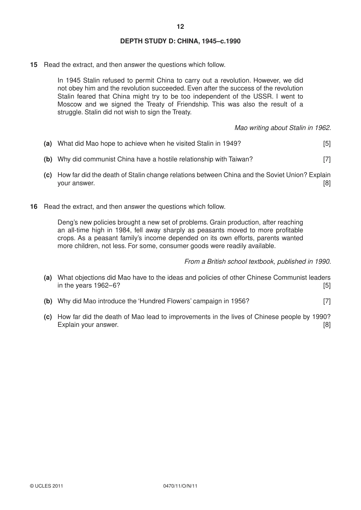 Cambridge IGCSE History 0470 2011 Oct/Nov Paper 1 · Variant 1 question paper, page 12 of 20