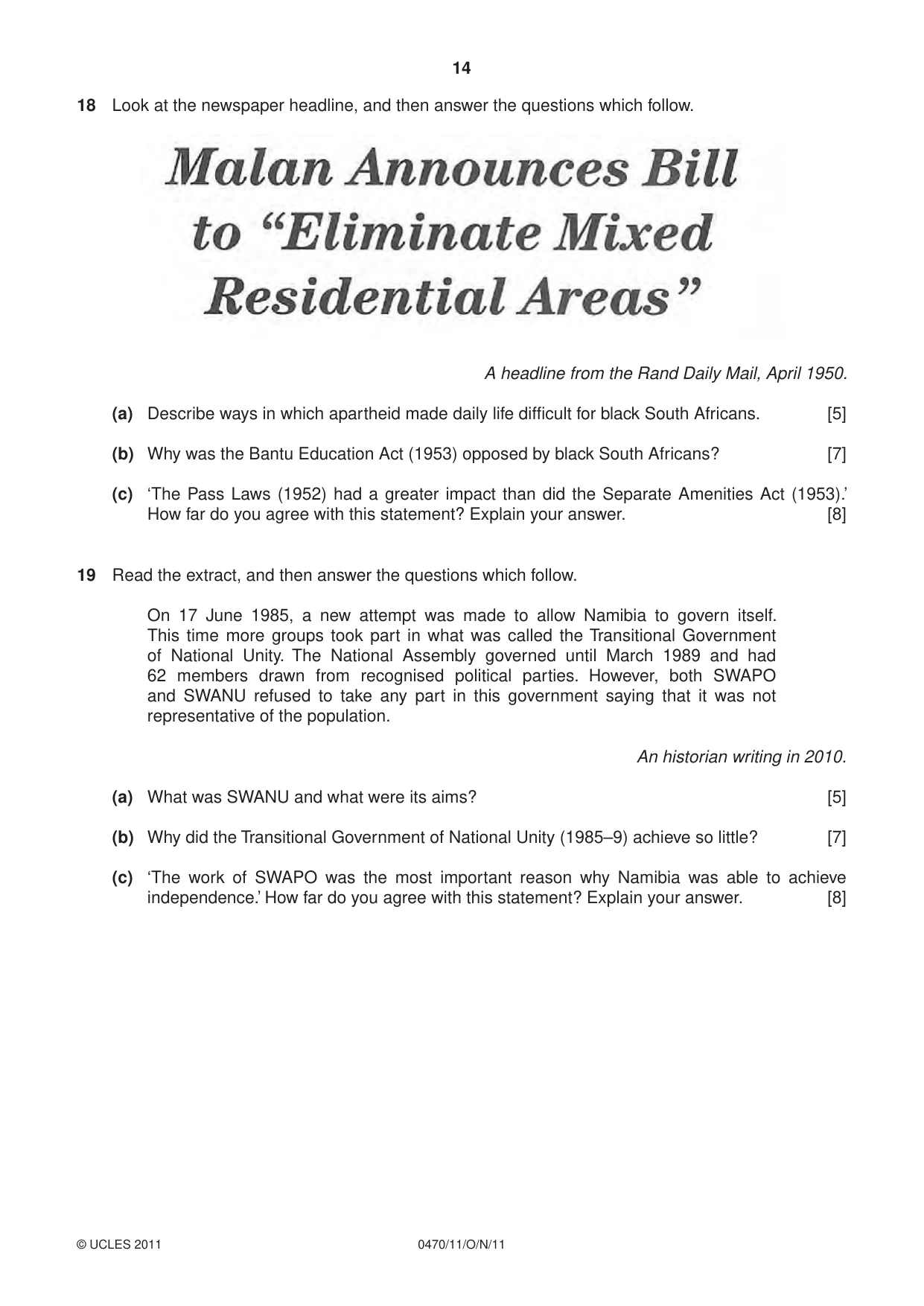 Cambridge IGCSE History 0470 2011 Oct/Nov Paper 1 · Variant 1 question paper, page 14 of 20