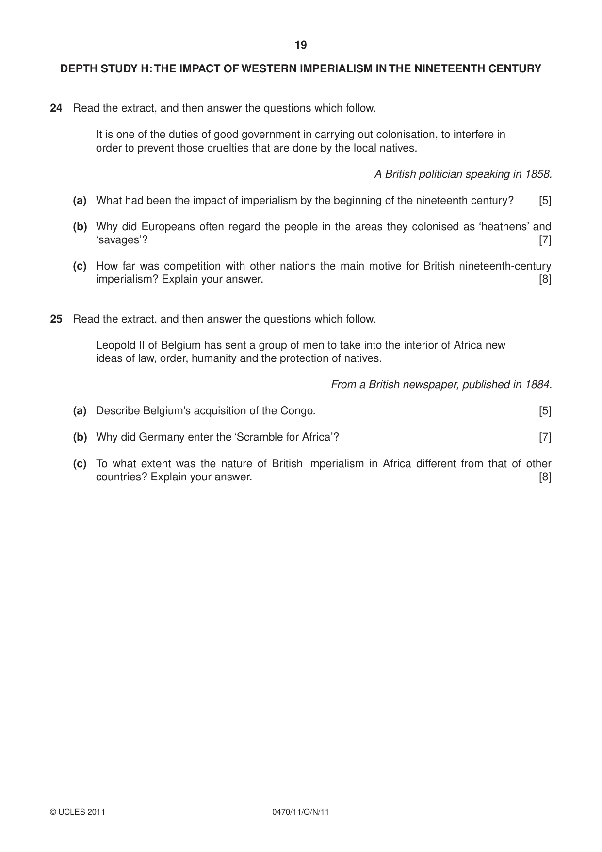 Cambridge IGCSE History 0470 2011 Oct/Nov Paper 1 · Variant 1 question paper, page 19 of 20