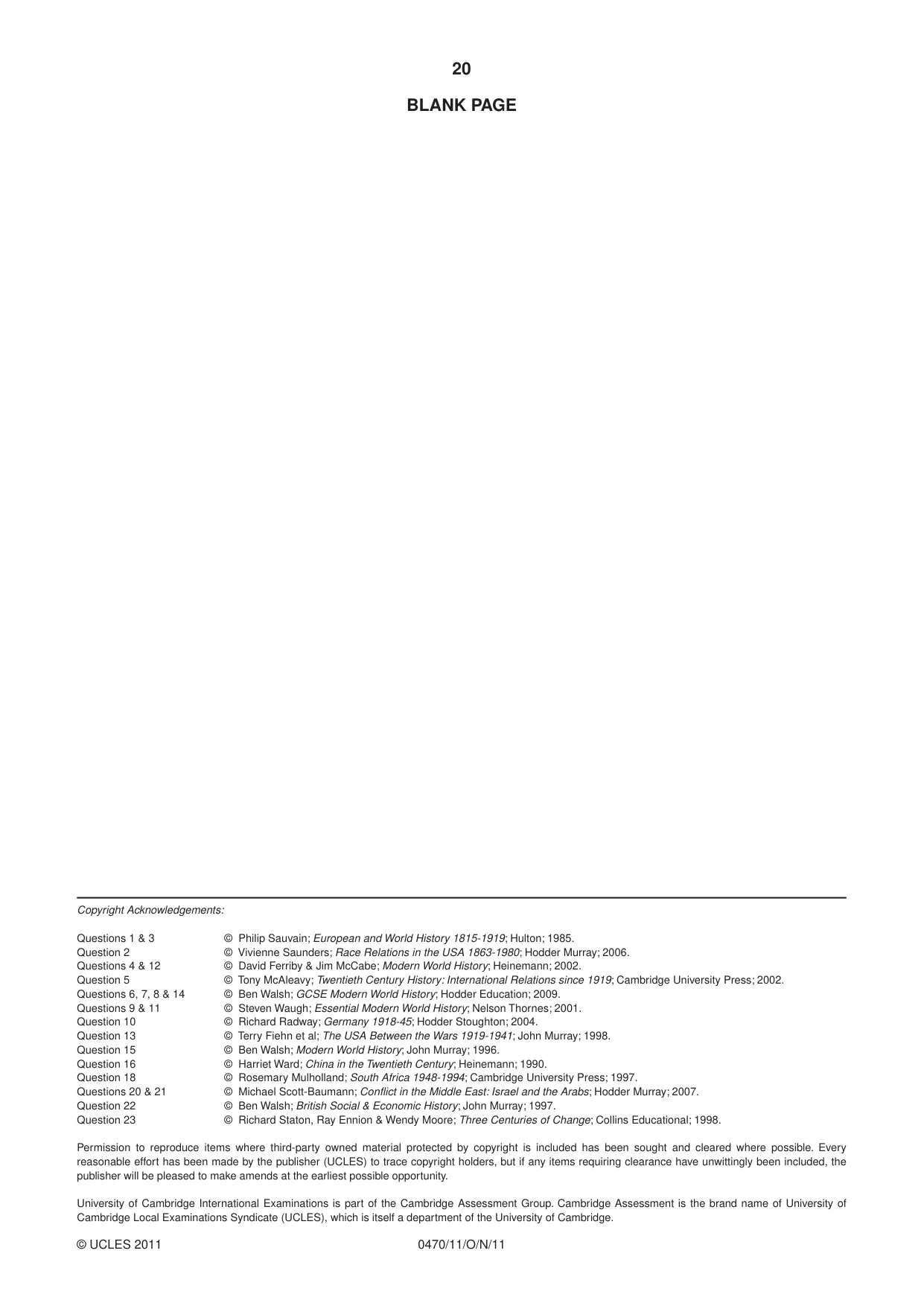 Cambridge IGCSE History 0470 2011 Oct/Nov Paper 1 · Variant 1 question paper, page 20 of 20