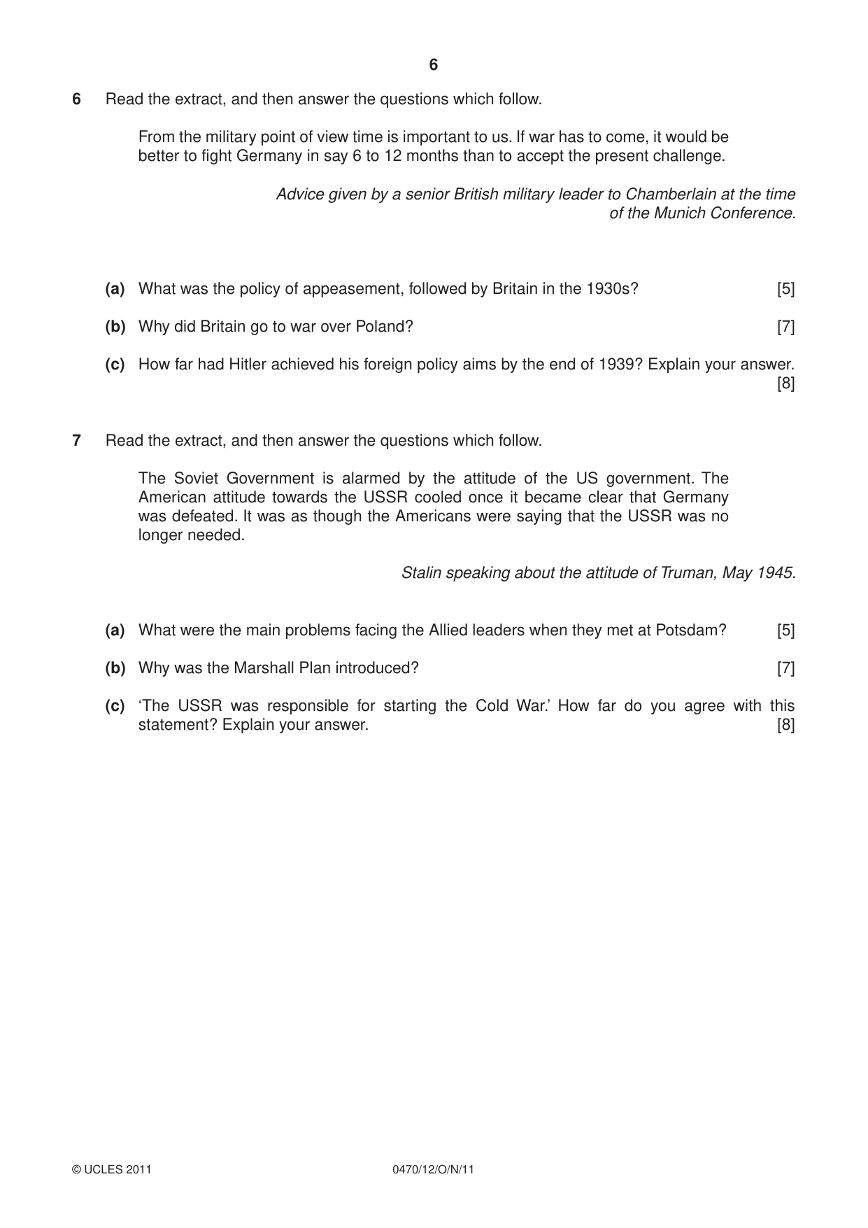 Cambridge IGCSE History 0470 2011 Oct/Nov Paper 1 · Variant 2 question paper, page 6 of 20