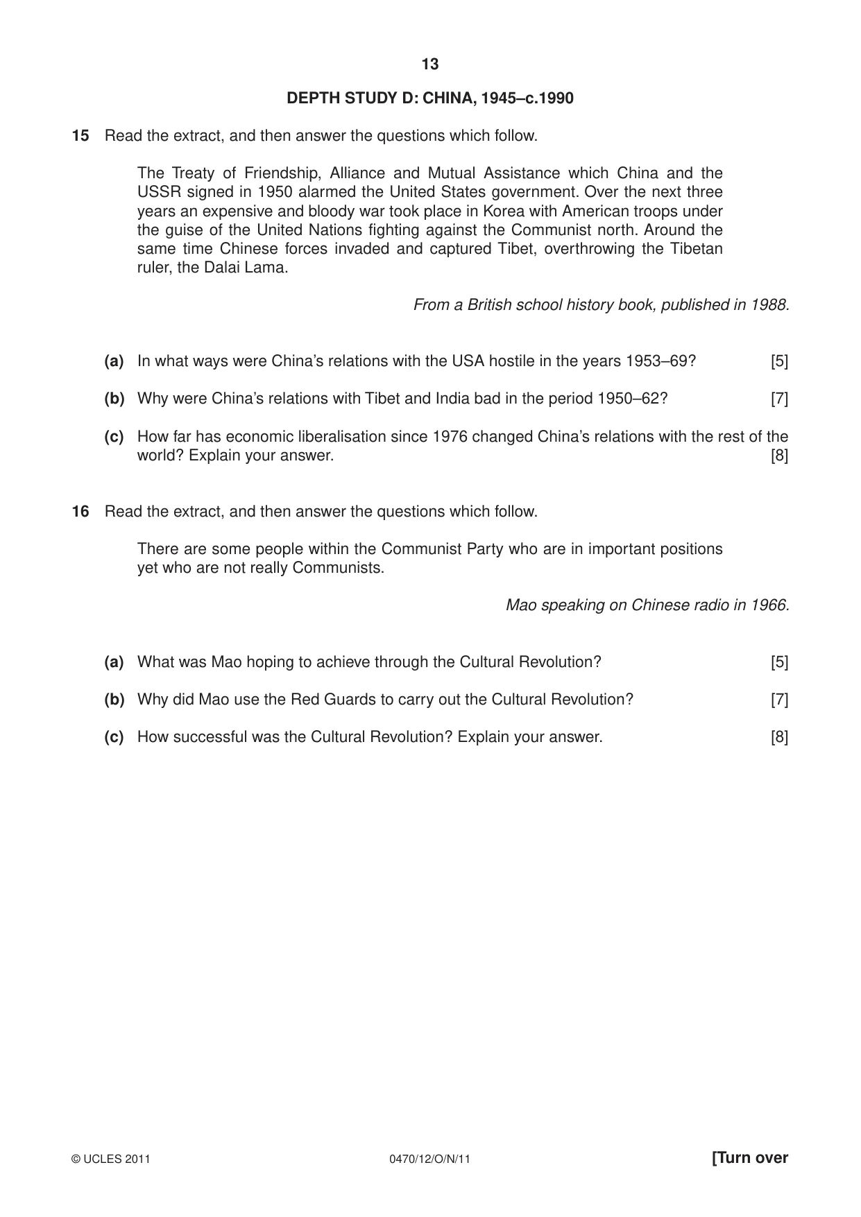 Cambridge IGCSE History 0470 2011 Oct/Nov Paper 1 · Variant 2 question paper, page 13 of 20