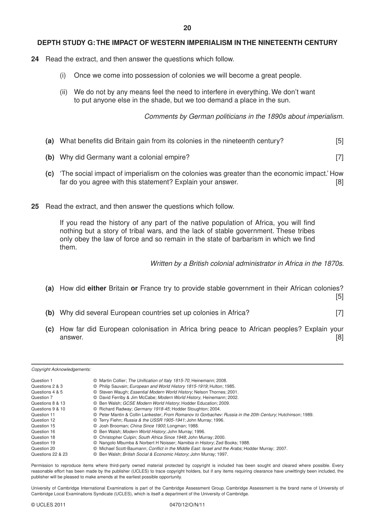 Cambridge IGCSE History 0470 2011 Oct/Nov Paper 1 · Variant 2 question paper, page 20 of 20