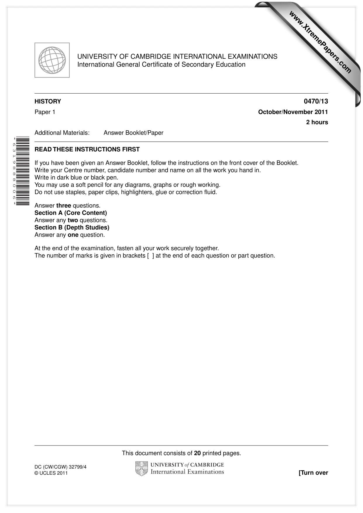 Cambridge IGCSE History 0470 2011 Oct/Nov Paper 1 · Variant 3 question paper, page 1 of 20