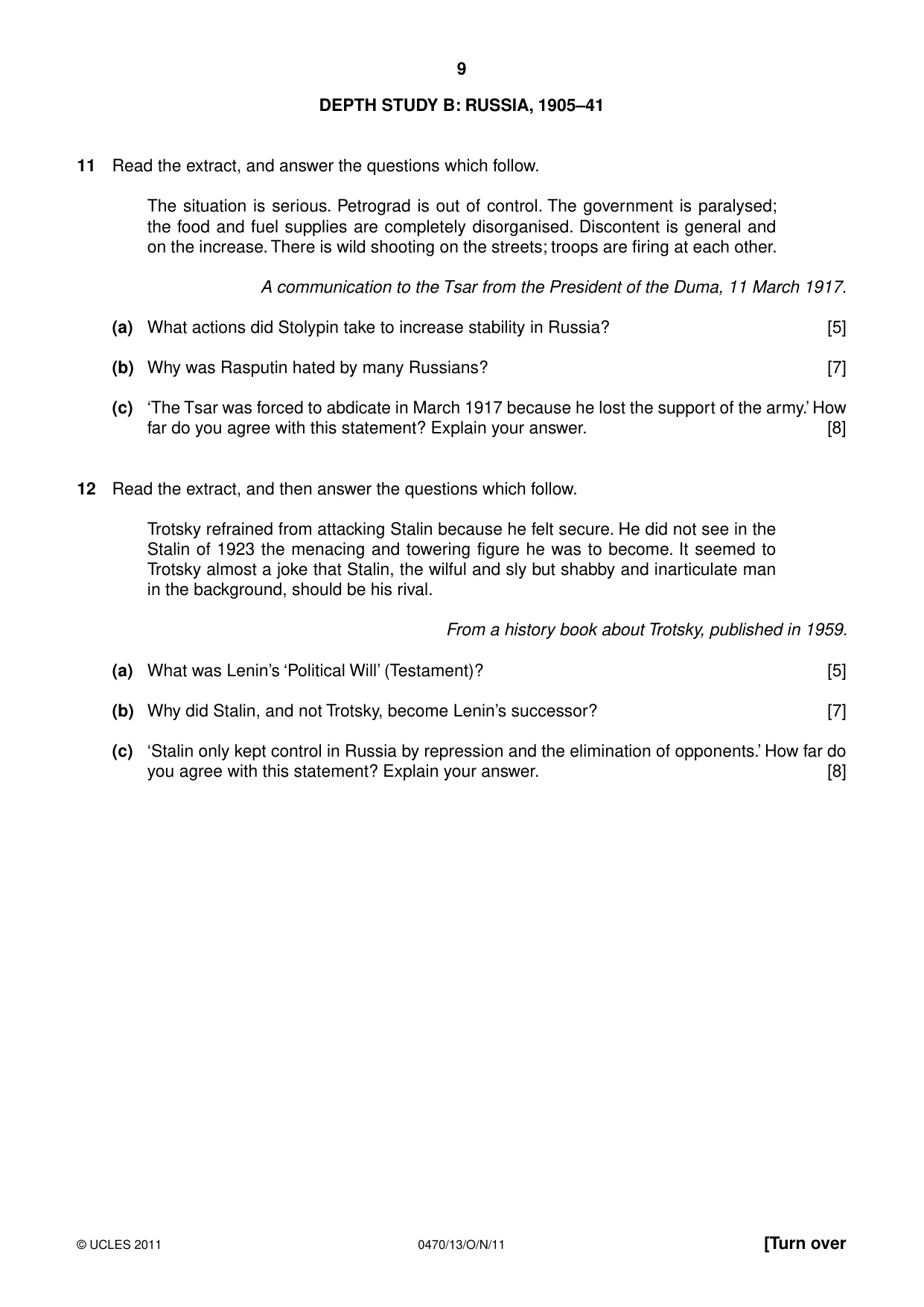 Cambridge IGCSE History 0470 2011 Oct/Nov Paper 1 · Variant 3 question paper, page 9 of 20