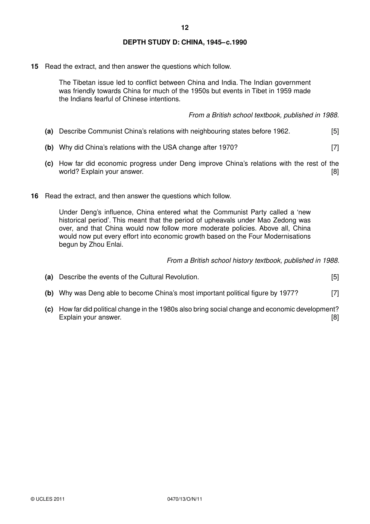 Cambridge IGCSE History 0470 2011 Oct/Nov Paper 1 · Variant 3 question paper, page 12 of 20