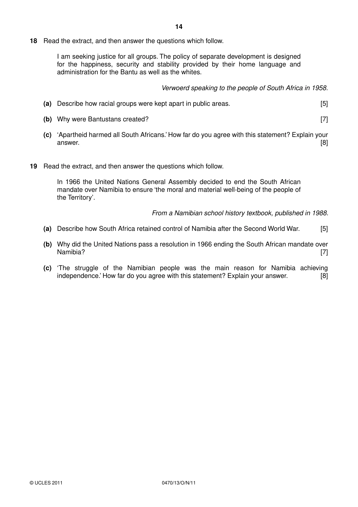 Cambridge IGCSE History 0470 2011 Oct/Nov Paper 1 · Variant 3 question paper, page 14 of 20