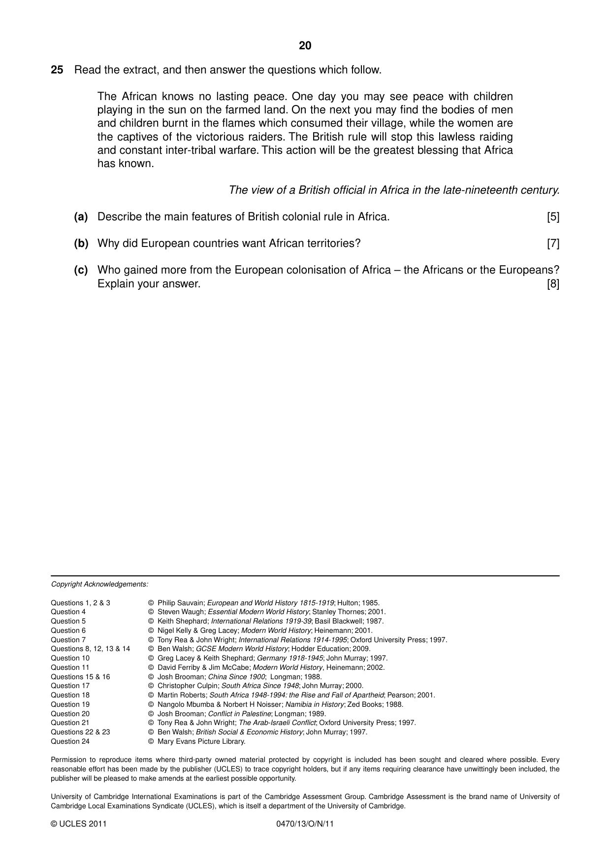 Cambridge IGCSE History 0470 2011 Oct/Nov Paper 1 · Variant 3 question paper, page 20 of 20