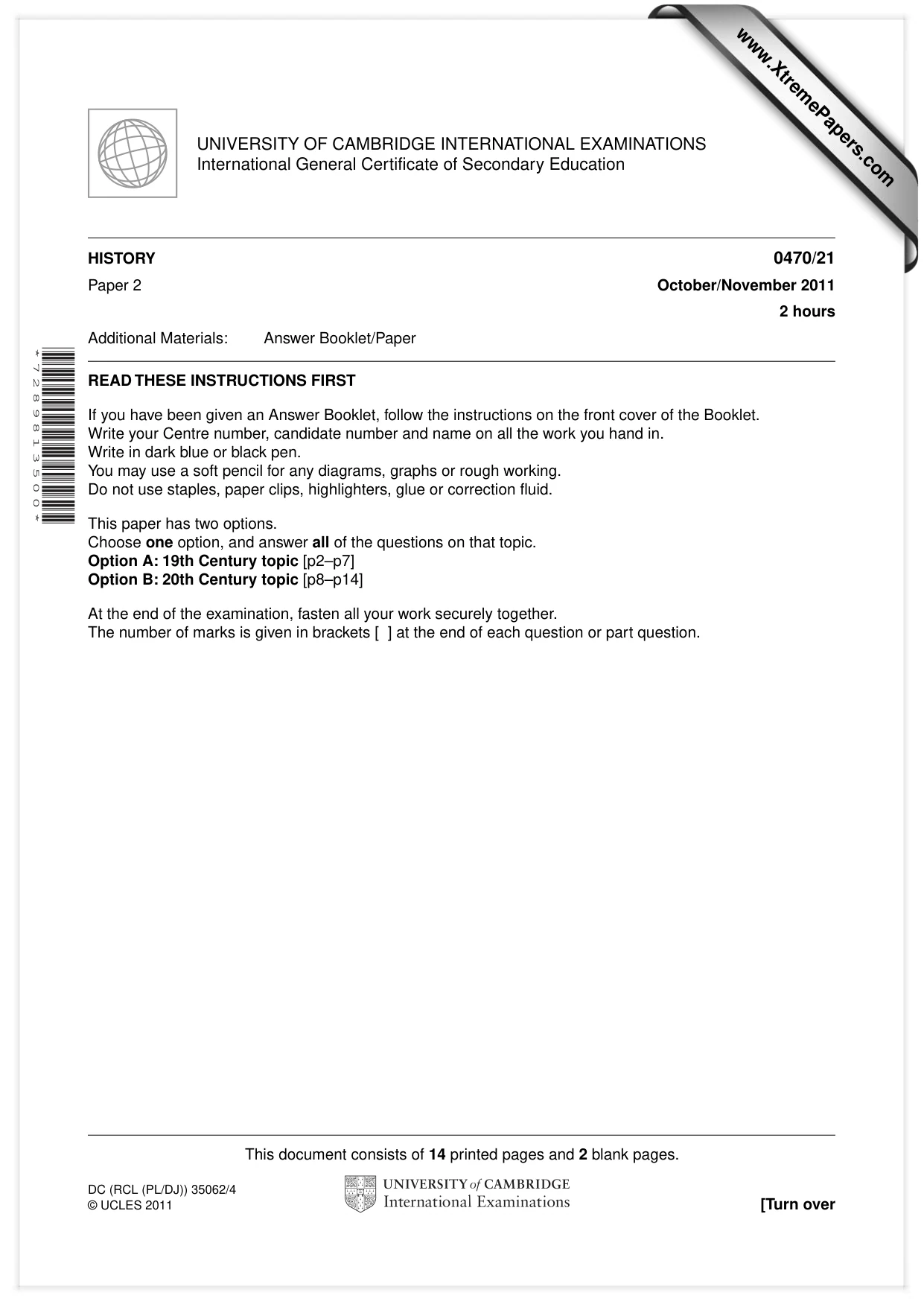 Cambridge IGCSE History 0470 2011 Oct/Nov Paper 2 · Variant 1 question paper, page 1 of 16