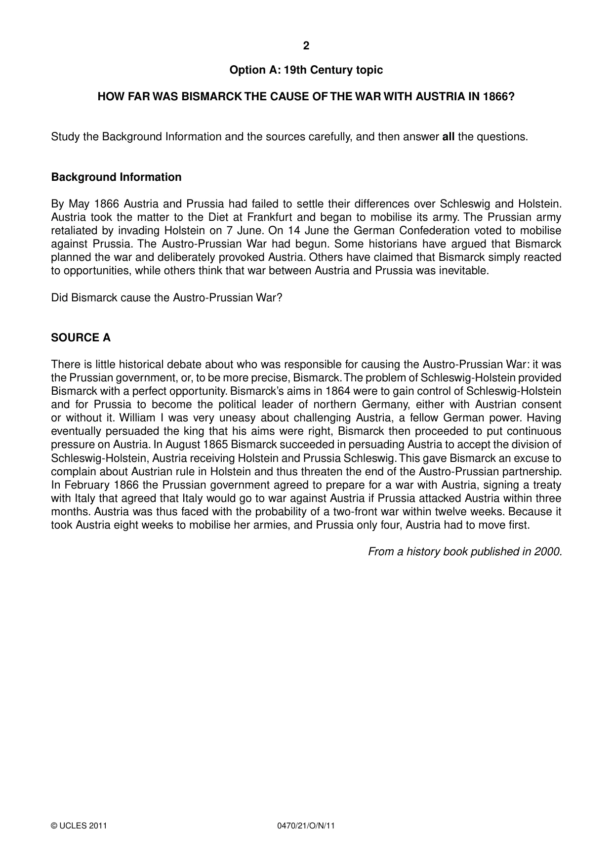 Cambridge IGCSE History 0470 2011 Oct/Nov Paper 2 · Variant 1 question paper, page 2 of 16