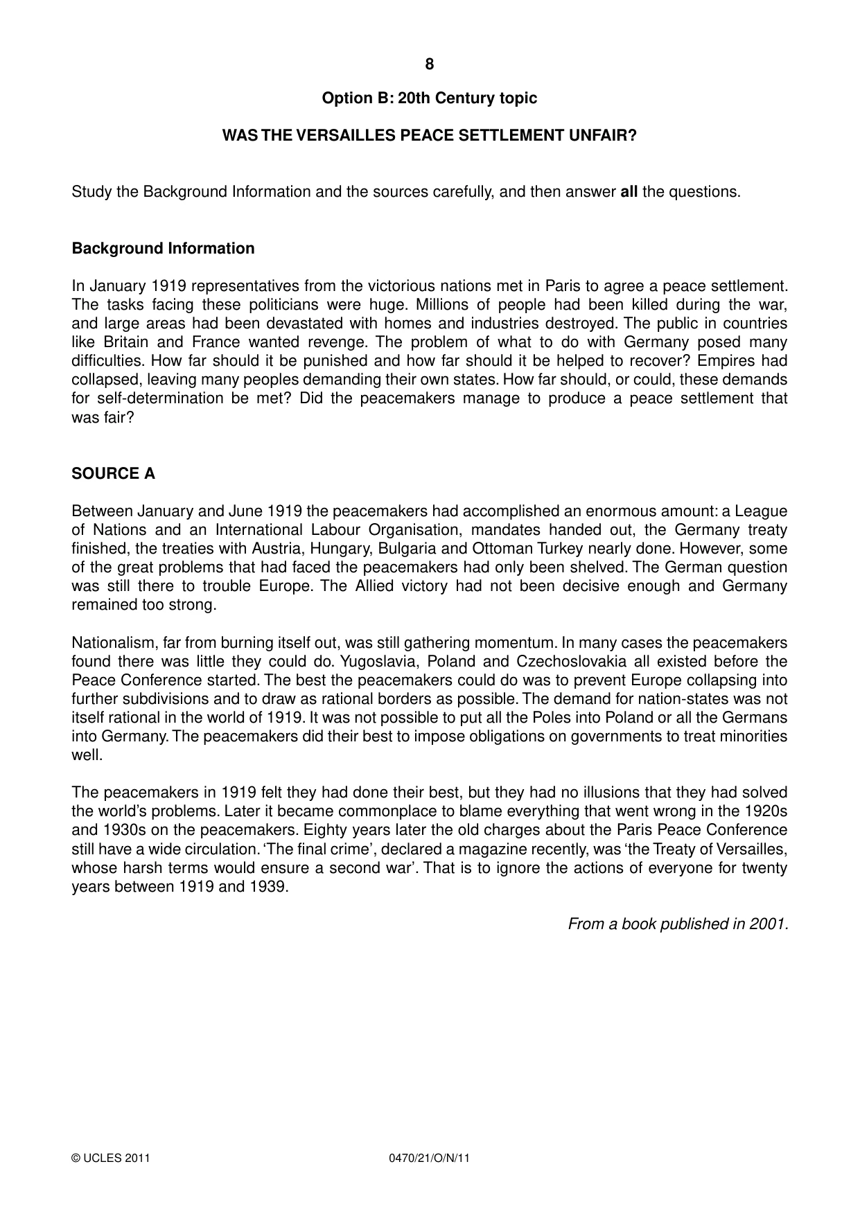 Cambridge IGCSE History 0470 2011 Oct/Nov Paper 2 · Variant 1 question paper, page 8 of 16