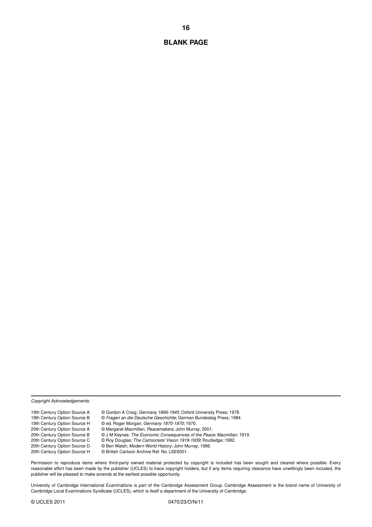 Cambridge IGCSE History 0470 2011 Oct/Nov Paper 2 · Variant 3 question paper, page 16 of 16