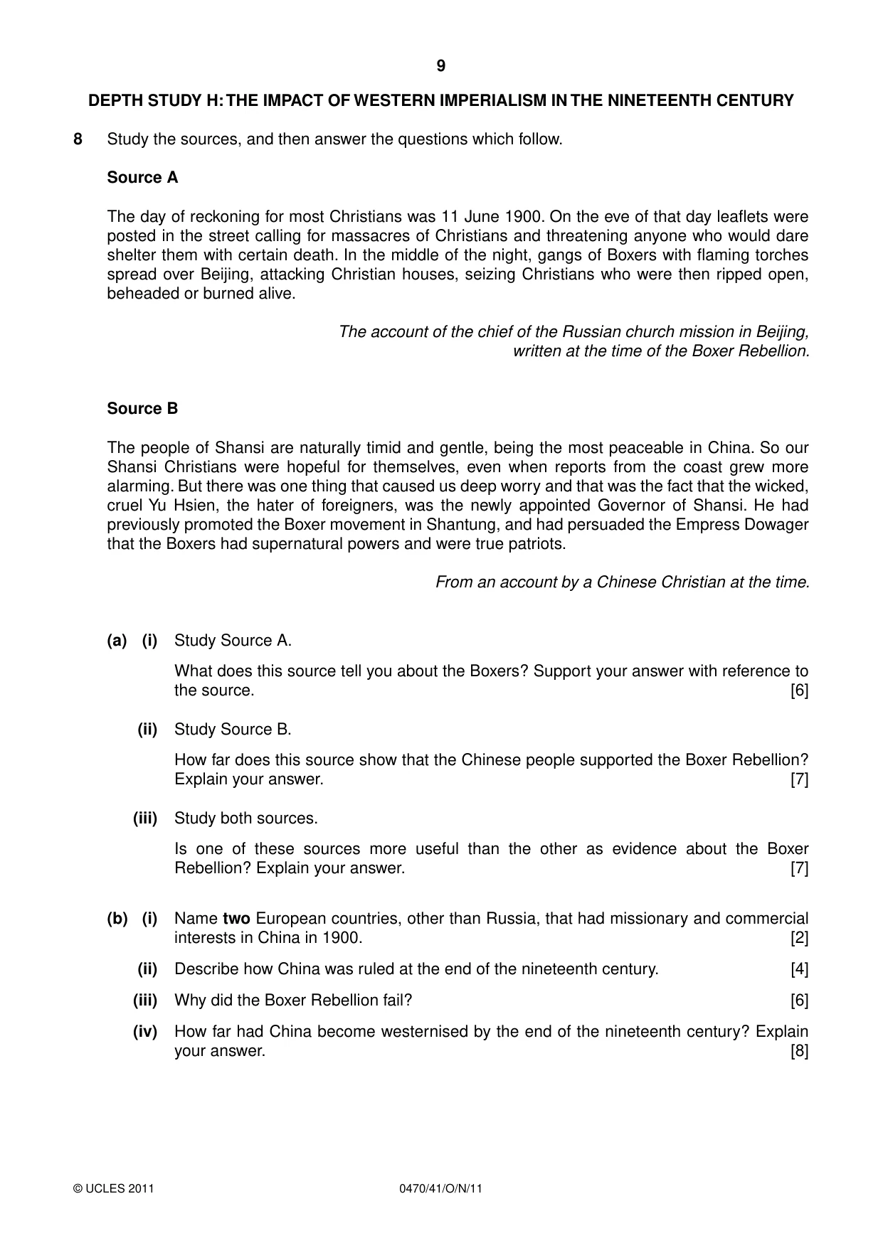 Cambridge IGCSE History 0470 2011 Oct/Nov Paper 4 · Variant 1 question paper, page 9 of 12
