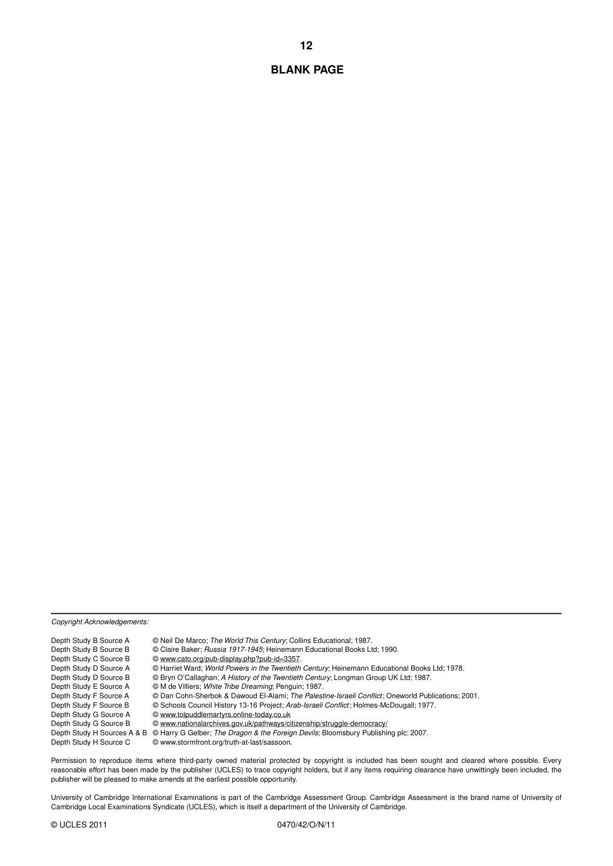 Cambridge IGCSE History 0470 2011 Oct/Nov Paper 4 · Variant 2 question paper, page 12 of 12