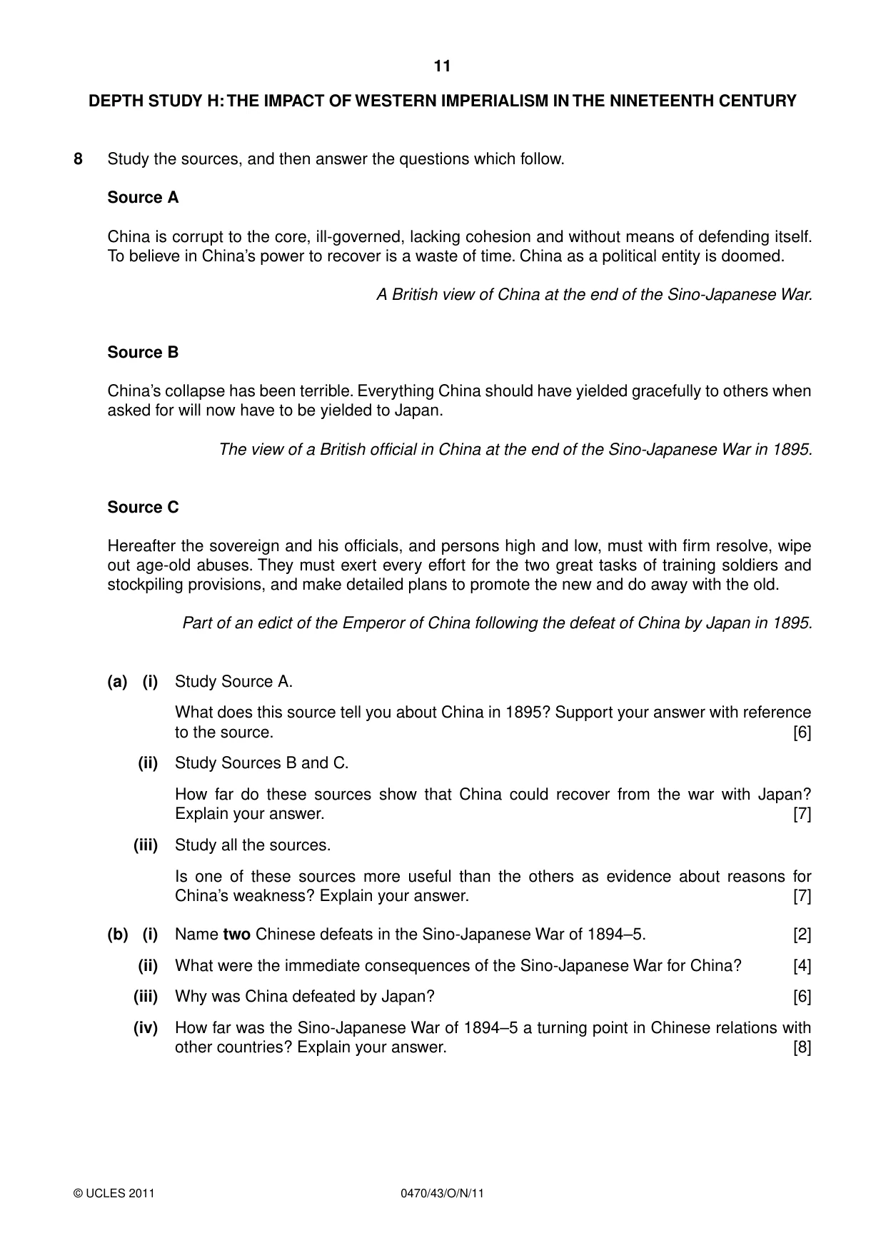 Cambridge IGCSE History 0470 2011 Oct/Nov Paper 4 · Variant 3 question paper, page 11 of 12