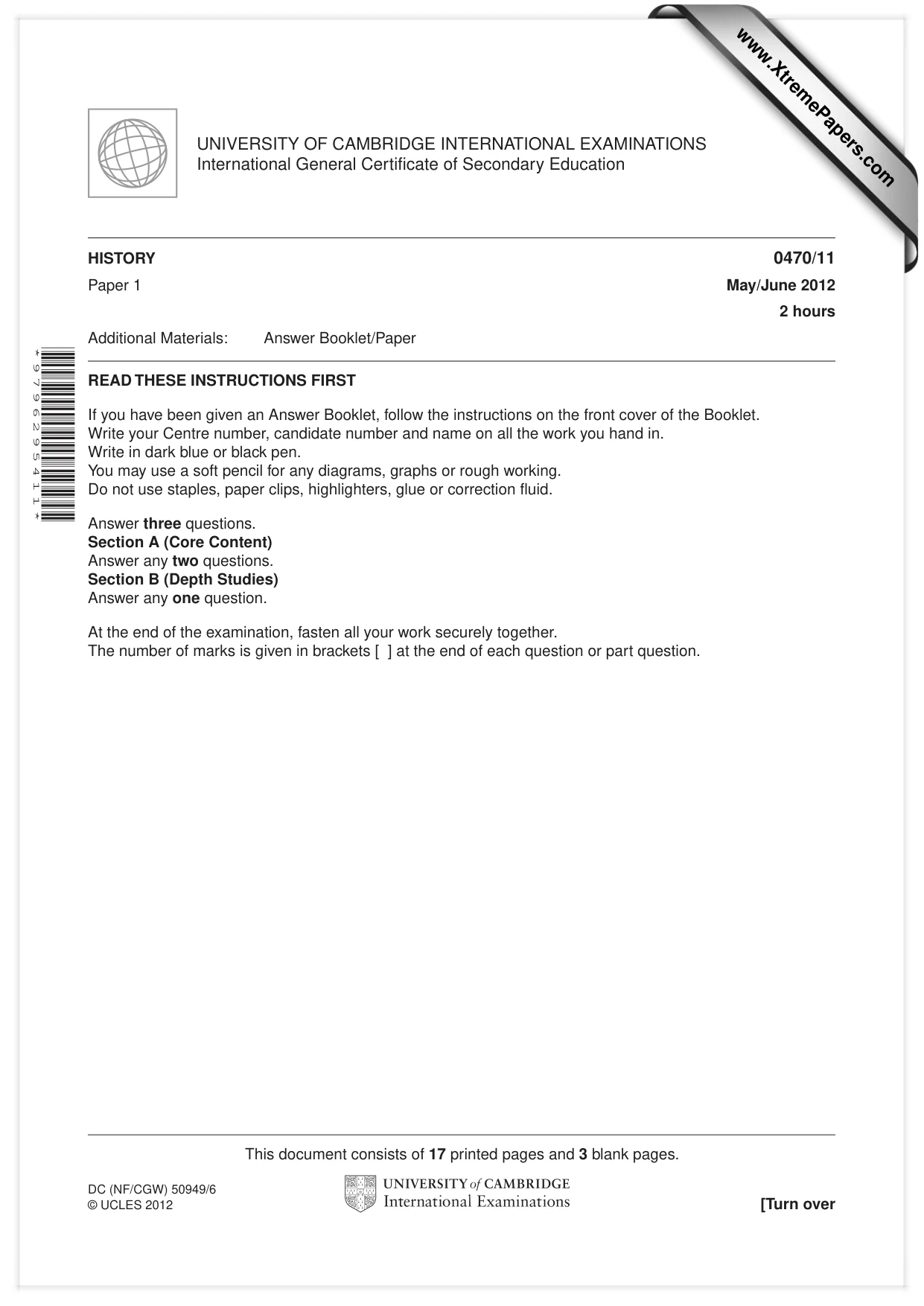 Cambridge IGCSE History 0470 2012 May/June Paper 1 · Variant 1 question paper, page 1 of 20